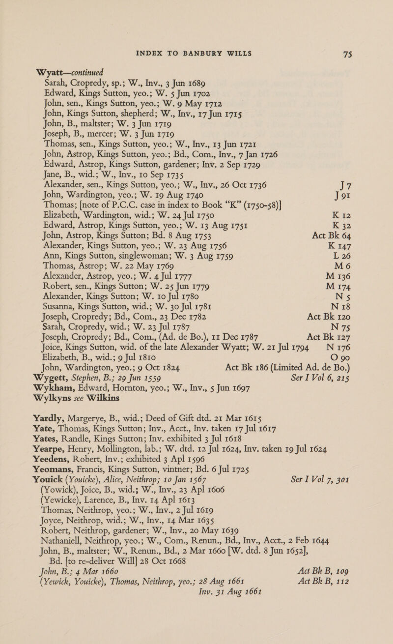 Wyatt—continued Sarah, Cropredy, sp.; W., Inv., 3 Jun 1689 Edward, Kings Sutton, yeo.; W. 5 Jun 1702 John, sen., Kings Sutton, yeo.; W. 9 May 1712 John, Kings Sutton, shepherd; W., Inv., 17 Jun 1715 John, B., maltster; W. 3 Jun 1719 Joseph, B., mercer; W. 3 Jun 1719 Thomas, sen., Kings Sutton, yeo.; W., Inv., 13 Jun 1721 John, Astrop, Kings Sutton, yeo.; Bd., Com., Inv., 7 Jan 1726 Edward, Astrop, Kings Sutton, gardener; Inv. 2 Sep 1729 Jane, B., wid.; W., Inv., 10 Sep 1735 Alexander, sen., Kings Sutton, yeo.; W., Inv., 26 Oct 1736 J7 John, Wardington, yeo.; W. 19 Aug 1740 Jor Thomas; [note of P.C.C. case in index to Book “K” (1750-58)] Elizabeth, Wardington, wid.; W. 24 Jul 1750 K 12 Edward, Astrop, Kings Sutton, yeo.; W. 13 Aug 1751 K 32 John, Astrop, Kings Sutton; Bd. 8 Aug 1753 Act Bk 64 Alexander, Kings Sutton, yeo.; W. 23 Aug 1756 K 147 Ann, Kings Sutton, singlewoman; W. 3 Aug 1759 L 26 Thomas, Astrop; W. 22 May 1769 M6 Alexander, Astrop, yeo.; W. 4 Jul 1777 M 136 Robert, sen., Kings Sutton; W. 25 Jun 1779 M 174 Alexander, Kings Sutton; W. 10 Jul 1780 N 5 Susanna, Kings Sutton, wid.; W. 30 Jul 1781 N 18 Joseph, Cropredy; Bd., Com., 23 Dec 1782 Act Bk 120 Sarah, Cropredy, wid.; W. 23 Jul 1787 N 75 Joseph, Cropredy; Bd., Com., (Ad. de Bo.), 11 Dec 1787 Act Bk 127 Joice, Kings Sutton, wid. of the late Alexander Wyatt; W. 21 Jul 17904 = N 176 Elizabeth, B., wid.; 9 Jul 1810 O 90 John, Wardington, yeo.; 9 Oct 1824 Act Bk 186 (Limited Ad. de Bo.) Wygett, Stephen, B.; 29 Jun 1559 Ser I Vol 6, 215 Wykham, Edward, Hornton, yeo.; W., Inv., 5 Jun 1697 Wylkyns see Wilkins Yardly, Margerye, B., wid.; Deed of Gift dtd. 21 Mar 1615 Yate, Thomas, Kings Sutton; Inv., Acct., Inv. taken 17 Jul 1617 Yates, Randle, Kings Sutton; Inv. exhibited 3 Jul 1618 Yearpe, Henry, Mollington, lab.; W. dtd. 12 Jul 1624, Inv. taken 19 Jul 1624 Yeedens, Robert, Inv.; exhibited 3 Apl 1596 Yeomans, Francis, Kings Sutton, vintner; Bd. 6 Jul 1725 Youick (Youicke), Alice, Neithrop; 10 Jan 1567 Ser I Vol 7, 301 (Yowick), Joice, B., wid.; W., Inv., 23 Apl 1606 (Yewicke), Larence, B., Inv. 14 Apl 1613 Thomas, Neithrop, yeo.; W., Inv., 2 Jul 1619 Joyce, Neithrop, wid.; W., Inv., 14 Mar 1635 Robert, Neithrop, gardener; W., Inv., 20 May 1639 Nathaniell, Neithrop, yeo.; W., Com., Renun., Bd., Inv., Acct., 2 Feb 1644 John, B., maltster; W., Renun., Bd., 2 Mar 1660 [W. dtd. 8 Jun 1652], Bd. [to re-deliver Will] 28 Oct 1668 John, B.; 4 Mar 1660 Act Bk B, 109 (Yewick, Youicke), Thomas, Neithrop, yeo.; 28 Aug 1661 Act Bk B, 112 Inv. 31 Aug 1661