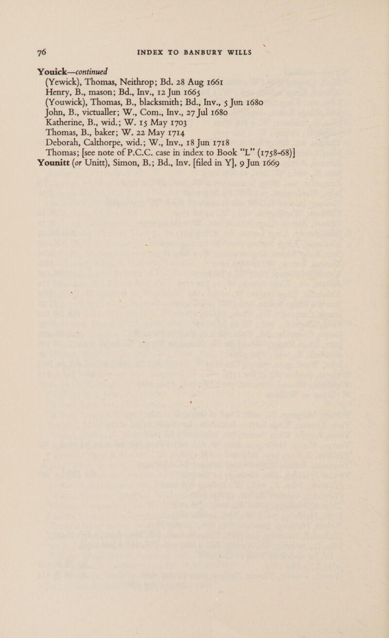 Youick—continued (Yewick), Thomas, Neithrop; Bd. 28 Aug 1661 Henry, B., mason; Bd., Inv., 12 Jun 1665 (Youwick), Thomas, B., blacksmith; Bd., Inv., 5 Jun 1680 John, B., victualler; W., Com., Inv., 27 Jul 1680 Katherine, B., wid.; W. 15 May 1703 Thomas, B., battne: W. 22 May 1714 Deborah, Calthorpe, wid.; W., Inv., 18 Jun ae Thomas; [see note of P.C. C. case in index to Book “L” (1758-68) | Younitt (or Unitt), Simon, B.; Bd., Inv. [filed in Y], 9 Jun 1669