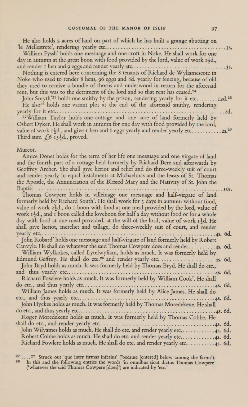 He also holds 2 acres of land on part of which he has built a grange abutting on We Inte estiete's sencemne: yeathy ters 2 dss sicianieasnind earns mekiaoaeall mAhebed aes wwe e 3s. William Fyssh’ holds one messuage and one croft in Noke. He shall work for one day in autumn at the great boon with food provided by the lord, value of work 14d., ane tender 1 hemiaud. oeges.ahd render yearly 606... sjc06e Tos tapered sae nate d ae vs 3s. Nothing is entered here concerning the 8 tenants of Richard de Wyliamescote in Noke who used to render 8 hens, 96 eggs and 8d. yearly for fencing, because of old they used to receive a bundle of thorns and underwood in return for the aforesaid rent, but this was to the detriment of the lord and so that rent has ceased.?4 John Smyth’? holds one smithy by the prison, rendering yearly for it etc. ...... i2a. He also?* holds one vacant plot at the end of the aforesaid smithy, rendering WI ROO Ghee vie Si GO Re the Bas iets BOC) end ocwm lege Beale. 44-6 2d. 2?William Taylor holds one cottage and one acre of land formerly held by Osbert Dyker. He shall work in autumn for one day with food provided by the lord, value of work 14d., and give 1 hen and 6 eggs yearly and render yearly etc. .......... as. Third sum £6 1 see proved. Murcot. Amice Donet holds for the term of her life one messuage and one virgate of land and the fourth part of a cottage held formerly by Richard Bere and afterwards by Geoffrey Archer. She shall give heriot and relief and do three-weekly suit of court and render yearly in equal instalments at Michaelmas and the feasts of St. Thomas the Apostle, the Annunciation of the Blessed Mary and the Nativity of St. John the Bet Se es as ase ea Pik | ees Ae ae pe res ee IOs. Thomas Cowpere holds in villeinage one messuage and half-virgate of land formerly held by Richard South’. He shall work for 3 days in autumn without food, value of work 24d., do 1 boon with food at one meal provided by the lord, value of work 14d., and 1 boon called the loveboon for halfa day without food or for a whole day with food at one meal provided, at the will of the lord, value of work 14d. He shall give heriot, merchet and tallage, do three-weekly suit of court, and sess ear e ECC emeus Wart. 4. Pitas Asad hers ieee ele: eae IR Iu, een eaten s. 6d, John Robard’ holds one messuage and half-virgate of land formerly held by Roe Canvyle. He shall do whatever the said Thomas Cowpere does and render.......... 4s. 6d. William Wylkokes, called Lytelwyliam, holds as much. It was formerly held by Edmund: Gefirey.-He shall do etc.?? and render yearlyretc. oen.45. aaa ene 4s. 6d, John Bryd holds as much. It was formerly held by Thomas Bryd. He shall do etc., aetna sag Sait ly iStey ia cia: cnt dada oni. dees is 5 Mis win a. bee careers s. 6d. Richard Fowlere holds as much. It was formerly held by William Cook’. He Salk Mer Gee; omte Umils, yeat i CR. duh ee arene dria uN WONG s al RAST ae WE Ahad 4s. 6d. William James holds as much. It was formerly held by Alice James. He shall ‘be Eh ONIN ay iS cats ol Sect ries) citys cece sla &gt; IEE s. 6d. John Hyckes holds as much. It was formerly held by Thomas Moredekene. He ian HOISLE UMN ety Ciel sa ne SU ies Senet GR HAs Seer ya 4s. 6d. Roger Moredekene holds as much. It was formerly held by Thomas Cobbe. He Ba A CEC 5, Ba Pee CARLO EC sila nck yore ull ises x aie oace Siw ein. cd-as 4. aN 4s. 6d. John Wilyames holds as much. He shall do etc. and render yearly etc............. 4s. 6d. Robert Cobbe holds as much. He shall do etc. and render yearly etc............. 4s. 6d. Richard Fowlere holds as much. He shall do etc. and render yearly etc........... 4s. 6d. 27 ....2? Struck out ‘que inter firmas inferius’ (“because [entered] below among the farms’). 28 In this and the following entries the words ‘in omnibus sicut dictus Thomas Cowpere’ (‘whatever the said Thomas Cowpere [does]’) are indicated by ‘etc.’