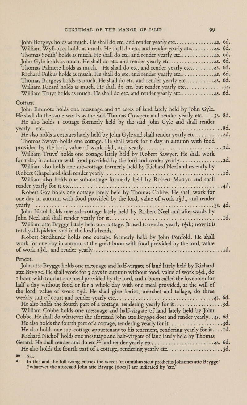 John Borgeys holds as much. He shall do etc. and render yearly etc............... 4s. 6d. William Wylkokes holds as much. He shall do etc. and render yearly etc......... 4s. 6d, Thomas South’ holds as much. He shall do etc. and render yearly etc............. 4s. 6d, John Gyle holds as much. He shall do etc. and render yearly etc................. 4s. 6d. Thomas Palmere holds as much. He shall do etc. and render yearly etc......... 4s. 6d, Richard Fulkus holds as much. He shall do etc. and render yearly etc............. 4s. 6d. Thomas Borgeys holds as much. He shall do etc. and render yearly etc........... 4s. 6d. William Ricard holds as much. He shall do etc. but render yearly etc............... 58. William Truyt holds as much. He shall do etc. and render yearly etc............. 4s. 6d. Cottars. John Emmote holds one messuage and 11 acres of land lately held by John Gyle. He shall do the same works as the said Thomas Cowpere and render yearly etc.....3s. 8d. He also holds 1 cottage formerly held by the said John Gyle and shall render Siena GRC Aree ne A ae OOO in a ele el os sae as Sig le aod. an baked We 8d. He also holds 2 cottages lately held by John Gyle and shall render yearly etc........... ad. Thomas Swayn holds one cottage. He shall work for 1 day in autumn with food provided by the lord, value of work 74d, and yearly... 2... 5.- 6 i2.sceee ak emannc res: 1d. William Truyt’ holds one cottage lately held by Robert Sawyer. He shall work for 1 day in autumn with food provided by the lord and render yearly................ 2d. William also holds one sub-cottage formerly held by Richard Neel and recently by Eiguer eC nepelana sali render yearly ocd. this evan urn hdagio cess anse uur e’: 1d. William also holds one sub-cottage formerly held by Robert Martyn and shall Dee ah eae Fn ks ko omega ihe va beens ap tens 4d. Robert Gay holds one cottage lately held by Thomas Cobbe. He shall work for one day in autumn with food provided by the lord, value of work 14d., and render eae ere Rte es ee Pee et) hee ee oe hoe e gears ce Lamers 38s. 4d. John Nicol holds one sub-cottage lately held by Robert Neel and afterwards by jJonm Nechand snallitendet yearly 108 00 oon 2. es ho gan soe soe ie eee + 1d. William atte Brygge lately held one cottage. It used to render yearly 14d.; now it is totally dilapidated and in the lord’s hands, | Robert Stodhurde holds one cottage formerly held by John Ponfold. He shall work for one day in autumn at the great boon with food provided by the lord, value OE Ot 17, ANG PeNGel VOR Lk. . 6. ais. 5c&gt; ees ype med Uaer&lt; Minuet es ec wuaaas 1d. Fencot. John atte Brygge holds one messuage and half-virgate of land lately held by Richard atte Brygge. He shall work for 3 days in autumn without food, value of work 24d., do t boon with food at one meal provided by the lord, and 1 boon called the loveboon for half a day without food or for a whole day with one meal provided, at the will of the lord, value of work 14d. He shall give heriot, merchet and tallage, do three weekly suit of courtand render Pearly ete...) a6. 2. eR TEE ed Re 4s. 6d. He also holds the fourth part of a cottage, rendering yearly for it................-. sd. William Cobbe holds one messuage and half-virgate of land lately held by John Cobbe. He shall do whatever the aforesaid John atte Brygge does and render yearly. .4s. 6d. He also holds the fourth part of a cottage, rendering yearly for it.................065 sd. He also holds one sub-cottage appurtenant to his tenement, rendering yearly for it... .1d. Richard Nichol’ holds one messuage and half-virgate of land lately held by Thomas Gerard, He shall render and doete.2) and render yearly ete. . 4-00 i005 Vie 4s. 6d. He also holds the fourth part of a cottage, rendering yearly etc..............2000005 sd. 30 Sic. 31 In this and the following entries the words ‘in omnibus sicut predictus Johannes atte Brygge’