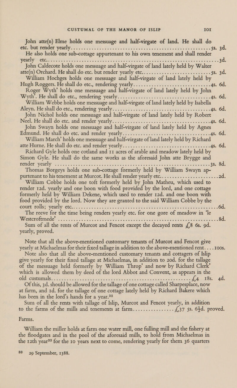 John atte(n) Elme holds one messuage and half-virgate of land. He shall do Mies iy Oren VOR Ce nee Ee. Re Fe Oe Se ans See es 5s. 3d. He also holds one sub-cottage appurtenant to his own tenement and shall render ere eter nre ed Fe oe es aes ae, ge eas Sess 3d. John Caldecote holds one messuage and half-virgate of land lately held by aie atte(n) Orchard: He‘shall dovecc. but terider yearly ete: i... 0s. 50s. 000 dea eke s. 3d. William Hochges holds one messuage and half-virgate of land lately held . Hugh Rogegets. He shall do etc. rendering yearly 3... 3 rie eka Ui ee eaalebs 4s. 6d. Roger Wyth’ holds one messuage and half-virgate of land lately held by Hi meet. Wie chal dovete, ‘nenderitio: yearlys 1y 202. boas eae ghnee aia. 4s. 6d. William Webbe holds one messuage and half-virgate of land lately held by lasballa Wityn. Heshaldovenc, tendering yearly icici. sade. Sisk . eed ee eae 4s. 6d. John Nichol holds one messuage and half-virgate of land lately held by es Nect Mechall de-ete. and vender yearly... 2 o4)ys5 350558 78s ee es ee 4s. 6d. John Swayn holds one messuage and half-virgate of land lately held by sty Eomund..Fieshall*devee, and vender -yearly ).2c0isa soa sr ens. Sells s. 6d. William March’ holds one messuage and half-virgate of land lately held by ery atte Prarnhe. He sali doetc, and render yearly... oi es ee 4s. 6d. Richard Gyle holds one cotland and 11 acres of arable and meadow lately held ey Simon Gyle. He shall do the same works as the aforesaid John atte Brygge and NS eG 50 Bele pre Oe oe ners Reta eee renew eT Wer Pye eR ne eat 355. 8a: Thomas Borgeys holds one sub-cottage formerly held by William Swayn ap- purtenant to his tenement at Murcot. He shall render yearly etc.................2..00- 2d. William Cobbe holds one toft formerly held by John Matheu, which used to render 12d. yearly and one boon with food provided by the lord, and one cottage formerly held by William Dekene, which used to render 12d. and one boon with food provided by the lord. Now they are granted to the said William Cobbe by the COUEE FOLE VERELY GEER sots gah, ee IN Re ls Mah eer os éd. The reeve for the time being renders yearly etc. for one gore of meadow in ‘le NU OMCEDNLIMCEE™ Soe ci 0 Es hrc nk FE ERAS RS i em Oe ee Ss 8d. Sum of all the rents of Murcot and Fencot except the decayed rents £8 6s. 9d. yearly, proved. Note that all the above-mentioned customary tenants of Murcot and Fencot give yearly at Michaelmas for their fixed tallage in addition to the above-mentioned rent. . . . 100s. Note also that all the above-mentioned customary tenants and cottagers of Islip give yearly for their fixed tallage at Michaelmas, in addition to 20d. for the tallage of the messuage held formerly by William Throp’ and now by Richard Clerk’ which is allowed them by deed of the lord Abbot and Convent, as appears in the Teta Ae Vicars te ight, ATE: ais sa tptabigel sboiags chase ie MeN cin Wd ao sks LAvucE 88s Ad: Of this, 3d. should be allowed for the tallage of one cottage called Sharpesplace, now at farm, and 1d. for the tallage of one cottage lately held by Richard Bakere which has been in the lord’s hands for a ear.2* Sum of all the rents with tallage of Islip, Murcot and Fencot yearly, in addition to the farms of the mills and tenements at farm................ £37 5s. 64d. proved. Farms. William the miller holds at farm one water mill, one fulling mill and the fishery at the floodgates and in the pool of the aforesaid mills, to hold from Michaelmas in the 12th year? for the 10 years next to come, rendering yearly for them 36 quarters