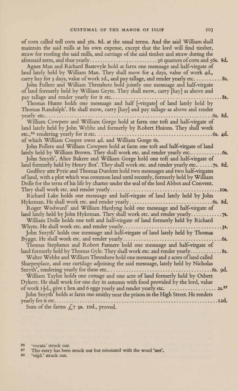 of corn called toll corn and 56s. 8d. at the usual terms. And the said William shall maintain the said mills at his own expense, except that the lord will find timber, straw for roofing the said mills, and carriage of the said timber and straw during the aotesaid termyand thus yveatly-e. ieee idee aa leaa wie ewes 36 quarters of corn and 56s. 8d. Agnes Man and Richard Bastevyle hold at farm one messuage and half-virgate of land lately held by William Man. They shall mow for 4 days, value of work 4d., carry hay for 3 days, value of work 1d., and pay tallage, and render yearly etc........... 8s. John Follere and William Thresshere hold jointly one messuage and half-virgate of land formerly held by William Geyte. They shall mow, carry [hay] as above and pamialage sme Pender Vestly Tor tt Ctl. is a cin ao sngtis cae e swe ye dy see onesie eee 88% 8s. Thomas Hunte holds one messuage and half [-virgate] of land lately held by Thomas Randulph’. He shall mow, carry [hay] and pay tallage as above and render Me nuny Otani: PU Rt: hous tee Cea tictta a direbrart (ile ate Macaw a aa ieee 6s. 8d. William Cowpere and William Gorge hold at farm one toft and half-virgate of land lately held by John Webbe and formerly by Robert Huions. They shall work Ce Renemmig Year ny Or Ib Cte, 21. 5. A RI ine Mei aw RSs slestmeNle liga She 6s. 4d. of which William Couper owes 4d. and William Gorge 6s. John Follere and William Cowpere hold at farm one toft and half-virgate of land lately held by William Brown. They shall work etc. and render yearly etc............. 6s. John Smyth’, Alice Bakere and William Gorge hold one toft and half-virgate of land formerly held by Henry Bot’. They shall work etc. and render yearly etc....... 7s. 8d. Godfrey atte Pyrie and Thomas Durdent hold two messuages and two half-virgates of land, with a plot which was common land until recently, formerly held by William Dolle for the term of his life by charter under the seal of the lord Abbot and Convent. mney sna) work ctepand fader yearly orc roy 0.55. St Ak, te eh Oa SA IOs. Richard Lake holds one messuage and half-virgate of land lately held by ee Piven. Meshal work etc. and vender yearly. 605.5 &lt;&lt; saisch soda sok nin ae Sp Ge 6s. 8d. Roger Wodward’ and William Hardyng hold one messuage and half-virgate of land lately held by John Hykeman. They shall work etc. and render yearly............ 7S. William Dolle holds one toft and half-virgate of land formerly held by Richard WW fiyeewide stisll work ete\ and vender yearly ee! Soe Ou «5 38. John Smyth’ holds one messuage and half-virgate of land lately held by Thomas Peover siall orkete.and vender yearly. sos eli. 2. Waa ee RI Aes 5 6s. Thomas Stephenes and Robert Fannere hold one messuage and half-virgate of land formerly held by Thomas Gyle. They shall work etc. and render yearly............ 8s. Walter Webbe and William Thresshere hold one messuage and 2 acres of land called Sharpesplace, and one curtilage adjoining the said messuage, lately held by Nicholas Surya ; renhuerime Vearly for theserete.s 656 Uy ac Sb OS ee Bae 6s. od. William Taylor holds one cottage and one acre of land formerly held by Osbert Dykere. He shall work for one day in autumn with food provided by the lord, value of work 1}d., give 1 hen and 6 eggs yearly and render yearly etc. ...............+4. 28.27 John Smyth’ holds at farm one smithy near the prison in the High Street. He renders SEMEL NOU Ht CEC ry os oe alte on aS te ta are Wl LE aki koa wl AO ART Reais 12d. Sum of the farms £7 9s. 1od., proved. 36 = ‘vocata’ struck out. 37 This entry has been struck out but reinstated with the word ‘stet’. 38 ‘viijd.’ struck out.