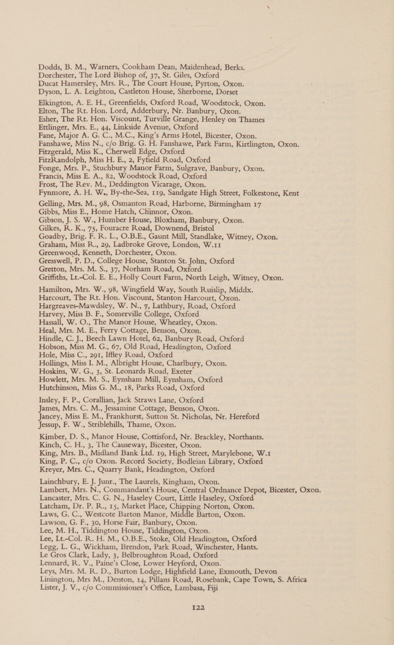 Dorchester, The Lord Bishop of, 37, St. Giles, Oxford Ducat Hamersley, Mrs. R., The Court House, Pyrton, Oxon. Dyson, L. A. Leighton, Castleton House, Sherborne, Dorset Elkington, A. E. H., Greenfields, Oxford Road, Woodstock, Oxon. Elton, The Rt. Hon. Lord, Adderbury, Nr. Banbury, Oxon. Esher, The Rt. Hon. Viscount, Turville Grange, Henley on Thames Ettlinger, Mrs. E., 44, Linkside Avenue, Oxford Fane, Major A. e C., M.C., King’s Arms Hotel, Bicester, Oxon. Fanshawe, Miss N., c/o Brig. G. H. Fanshawe, Park Farm, Kirtlington, Oxon. Fitzgerald, Miss K., Cherwell Edge, Oxford FitzRandolph, Miss H. E., 2, Fyfield Road, Oxford Fonge, Mrs. P., Stuchbury Manor Farm, Sulgrave, Banbury, Oxon. Francis, Miss E. A., 82, Woodstock Road, Oxford Frost, The Rev. M., Deddington Vicarage, Oxon. Fynmore, A. H. W., By-the-Sea, 119, Sandgate High Street, Folkestone, Kent Gelling, Mrs. M., 98, Osmanton Road, Harborne, Birmingham 17. Gibbs, Miss E., Home Hatch, Chinnor, Oxon. Gibson, A . W., Humber House, Bloxham, Banbury, Oxon. Gilkes, R. K., 75, Fouracre Road, Dowaend, Bristol Goadby, ae F. R. L., O.B.E., Gaunt Mill, Standlake, Witney, Oxon. Graham, Miss R., 29, Ladlrake Grove, London, W.11 Greenwood, Kenneth, Dorchester, Oxon. Gresswell, P. D., College House, Stanton St. John, Oxford Gretton, Mrs. M. S., 37, Norham Road, Oxford Griffiths, Lt.-Col. E. E., Holly Court Farm, North Leigh, Witney, Oxon. Hamilton, Mrs. W., 98, Wingfield Way, South Ruislip, Middx. Harcourt, The Rt. Hon. Viscount, Stanton Harcourt, Oxon. Hargreaves-Mawdsley, W. N., 7, Lathbury, Road, Oxford Harvey, Miss B. F., Somerville College, Oxford Hassall, W. O., The Manor House, Wheatley, Oxon. Heal, Mrs. M. E., Ferry Cottage, Benson, Oxon. Hindle, C. J., Beech Lawn Hotel, 62, Banbury Road, Oxford Hobson, Miss M. G.;, 67, Old Road, Headington, Oxford Hole, Miss C., 291, Iffley Road, Oxford — Hollings, hie I. M., Albright House, Charlbury, Oxon. Hoskins, W. G., 3, St. Leonards Road, Exeter’ Howlett, Mrs. M. S., Eynsham Mill, Eynsham, Oxford Hutchinson, Miss G. M, 18, Parks Road, Oxford Insley, F. P., Corallian, Jack Straws Lane, Oxford James, Mrs. C. M., Jessamine Cottage, Benson, Oxon. Jancey, Miss E. M., Frankhurst, Sutton St. Nicholas, Nr. Hereford Jessup, F. W., Striblehills, Thame, Oxon. Kimber, D. S., Manor House, Cottisford, Nr. Brackley, Northants. : Kinch, C. H., 3, The Causeway, Bicester, Oxon. King, Mrs. B., Midland Bank Ltd. 19, High Street, Marylebone, W.1 King, P. C., c/o Oxon. Record Society, Bodleian Library, Oxford Kreyer, Mrs. C., Quarry Bank, Headington, Oxford Lainchbury, E. J. Junr., The Laurels, Kingham, Oxon. Lambert, Mrs. N., Commandant’s House, Central Ordnance Depot, Bicester, Oxon. Lancaster, Mrs. C. G. N., Haseley Court, Little Haseley, Oxford Latcham, Dr. P. R., 15, Market Place, Chipping Norton, Oxon. Laws, G. C., Westcote Barton Manor, Middle Barton, Oxon. Lawson, G. F., 30, Horse Fair, Banbury, Oxon. Lee, M. H., Tiddington House, Tiddington, Oxon. Lee, Lt.-Col. R. H. M., O.B.E., Stoke, Old Headington, Oxford Legg, L. G., Wickham, Brendon, Park Road, Winchester, Hants. Le Gros Clark, Lady, 3, Belbroughton Road, Oxford Lennard, R. V., Paine’s Close, Lower Heyford, Oxon. Leys, Mrs. M. R. D., Burton Lodge, Highfield Lane, Exmouth, Devon Linington, Mrs M., Denton, 14, Pillans Road, Rosebank, Cape Town, S. Africa Lister, J. V., c/o Commissioner’s Office, Lambasa, Fiji I22