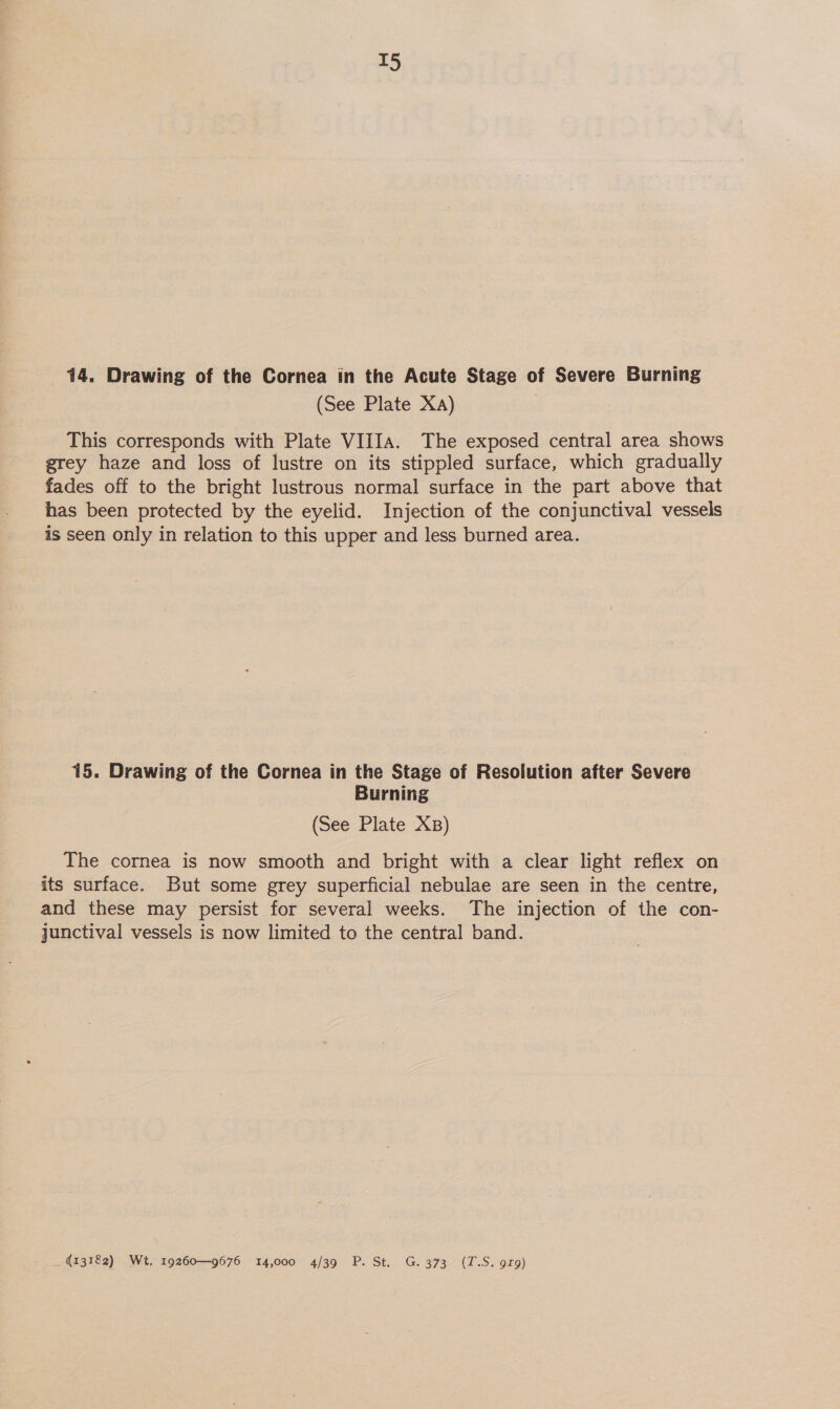 T5 414. Drawing of the Cornea in the Acute Stage of Severe Burning (See Plate XA) This corresponds with Plate VIIIA. The exposed central area shows grey haze and loss of lustre on its stippled surface, which gradually fades off to the bright lustrous normal surface in the part above that has been protected by the eyelid. Injection of the conjunctival vessels is seen only in relation to this upper and less burned area. 15. Drawing of the Cornea in the Stage of Resolution after Severe Burning (See Plate XB) The cornea is now smooth and bright with a clear light reflex on its surface. But some grey superficial nebulae are seen in the centre, and these may persist for several weeks. The injection of the con- junctival vessels is now limited to the central band. 413182) Wt. 19260—9676 14,000 4/39 P. St. G. 373 (T.S. 919)