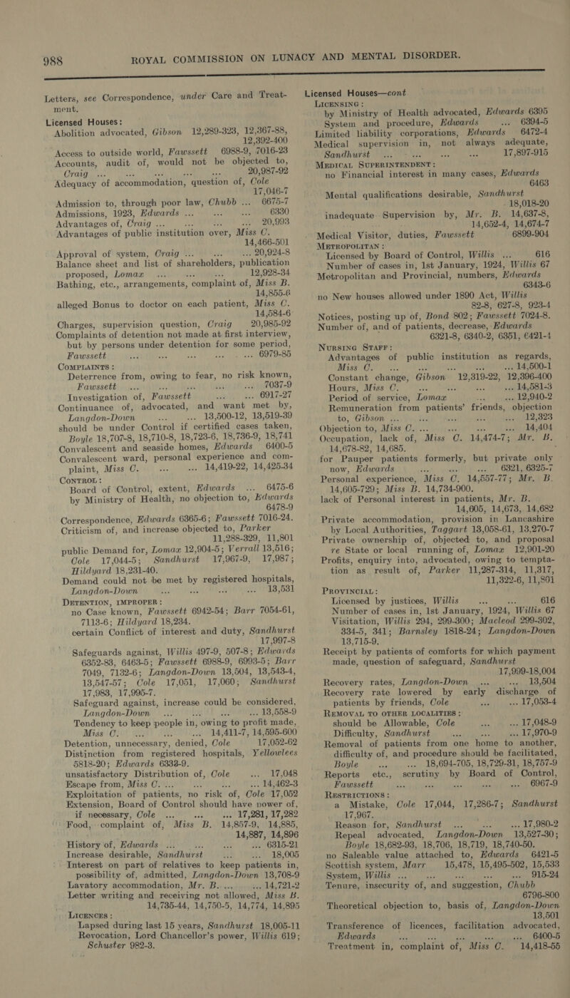 Letters, see Correspondence, under Care and Treat- ment. Licensed Houses: Abolition advocated, Gibson 12,289-328, 12,367-88, 12,392-400 Access to outside world, Fawssett 6988-9, 7016-23 Accounts, audit of, would not be objected to, Craig ..- a: 20,987-92 Adequacy of accommodation, “question of, Cole 17,046-7 Admission to, through poor law, Chubb . 6675-7 Admissions, 1923, Edwards ... oe DN 63380 Advantages of, Creme s .. 20,993 Advantages ae publie institution over, Miss C. 14,466-501 Approval of system, Craig ... a 90 5924-8 Balance sheet and list of shareholders, publication proposed, Lomax... ee 12,928-34 Bathing, etc., arranpements, ‘complaint of, Miss B. 14,855-6 alleged Bonus to doctor on each patient, Miss C. 14,584-6 Charges, supervision question, Craig 20,985-92 Complaints of detention not made at first interview, but by persons under detention for some period, Fawssett oo AN? a Dig! ty) aes ae ee CoMPLAINTS : Deterrence from, owing to fear, no risk known, Fawssett ... ke xt ... 7037-9 Investigation of, Fawssett. i ... 6917-27 Continuance of, advocated, and want met by, Langdon- Down rae ... 13,500-12, 13,519-39 should be under Control if certified cases ‘taken, Boyle 18,707+8, 18,710-8, 18,723-6, 18,736 -9, 18, 741 Convalescent and seaside. homes, Edwards 6400-5 Convalescent ward, personal experience and com- plaint, Miss C. a ... 14,419-22, 14,425.34 CoNTROL : Board of Control, extent, Edwards ... 6475-6 by Ministry of Health, no objection to, Hdwards 6478-9 Correspondence, Edwards 6365-6; Fawssett 7016-24. Criticism of, and increase obicobell to, Parker 11, O88. 329, 11,801 public Demand for, Lomax 12,904-5; Verr all 13, 516; Cole 17,044-5; Sandhurst 17, 967-9, 17,987; Hildyard 18, 231- AO. Demand could not be met ay a aie hospitals, Langdon-Down Hee eS 00% DETENTION, IMPROPER : no Case know n, Fawssett 6942-54; Barr 7054-61, 7113-6; Hildyard 18,2384. certain Conflict of interest and duty, Sandhurst 17,997-8 Safeguards against, Willis 497-9, 507-8; Edwards 6352-83, 6463-5; Fawssett 6988-9, 6993- 5; Barr 7049, 7132-6 ; Langdon-Down 13,504, 13, 543-4, 13, 547- 57; Cole 17.0010, 823 060 ; Sandhurst 17,983, 17,995-7. Safeguard against, increase could be considered, Langdon-Down ... ane . 138,558-9 Tendency to keep edd in, owing to pr rofit made, Missi Ciay wy tke en ‘All- 7, 14,595- 600 Detention, unnecessary, denied, Cole 17 052-62 Distinction from registered hospitals, Yellowlees 5818-20; Edwards 6333-9. unsatisfactory Distribution of, Cole «. 17,048 Escape from, Miss C. ... ; . 14,462-3 Exploitation of patients, no . risk “of, Cole 17, 052 Extension, Board of Control should have power of, if necessary, Cole ... a we 17,281, 17,282 Food, complaint of, Miss B. 14,857-9, 14,885, 14,887, 14,896 History of, Edwards ... (eH ... 6315-21 Increase desirable, Sandhurst ALE .. 18,005 Interest on part of relatives to keep patients in, possibility of, admitted, Langdon-Down 13,708-9 Lavatory accommodation, Mr. B..... sel ds (212 Letter writing and receiving not allowed, Miss B. 14,735-44, 14,750-5, 14,774, 14,895 LICENCES : Lapsed during last 15 years, Sandhurst 18,005-11 Revocation, Lord Chancellor’s power, Willis 619; Schuster 982-3. LICENSING : by Ministry of Health advocated, Hdwards 6395 ' System and procedure, Edwards .. 6394-5 Limited liability corporations, Hdwards 6472-4 Medical supervision in, not always adequate, Sandhurst Ofsa. eee oy ie 17,897-915 Mepicat SUPERINTENDENT: no Financial interest in many cases, Edwards 6463 Mental qualifications desirable, Sandhurst - 18,018-20 inadequate. Supervision by, Mr. B. 14,637-8, 14,652-4, 14, 674-7 Medical Visitor, duties, Pawssett 6899-904 METROPOLITAN : Licensed by Board of Control, Willis ... 616 Number of cases in, Ist January, 1924, Willis 67 Metropolitan and Provincial, numbers, Edwards 6343-6 no New houses allowed under 1890 Act, Willis one 627-8, 923-4 Notices, posting up of, Bond 802; Fawssett 7024-8. Number of, and of patients, decrease, ‘Edwards 6321-8, 6340-2, 6351, 6421-4 Nursing Starr: Advantages of public institution as regards, Miss C. ney . 14,500-1 Constant change, Gibson “12, 319- 22, ‘12, 396-400 Hours, Miss C. AA $5 Pas 14, 581-3 Period of service, Lomax ae . 12,940-2 Remuneration from patients’ friends, “objection to, Gibson ... te ae sRY ee A132 323 Objection to, Miss C. #3 14, 404 Occupation, lack of, “Miss aa? 14, A74- Teigbare oe: 14,678-82, 14,685. ; for Pauper patients formerly, but private only now, Edwards ... 6321, 6325-7 Personal experience, ‘Miss C. 14,657-77 ; Mr. fey 14,605-729; Miss B. 14,734-900. lack of Personal interest. in patients, Mr. B. 14,605, 14,673, 14,682 Private accommodation, provision in Lancashire by Local Authorities, Taggart 13,058-61, 13,270-7 Private ownership of, objected to, and proposal re State or local running of, Lomax 12,901-20 Profits, enquiry into, advocated, owing to tempta- tion as result of, Parker 11,287-314, 11,317, 11,322-6, 11,801 PROVINCIAL: Licensed by justices, Willis Ay oe 616 Number of cases in, lst January, 1924, Willis 67 Visitation, Willis 294, 299-300 ; Macleod 299-302, 334-5, 341; Barnsley 1818-24 ; Langdon-Down 18,715-9. Receipt by patients of comforts for which payment made, question of safeguard, Sandhurst 17,999-18,004 Recovery rates, Langdon-Down ... ... 138,504 Recovery rate lowered by early discharge of patients by friends, Cole = ... 17,053-4 REMOVAL TO OTHER LOCALITIES : should be Allowable, Cole ge ... 17,048-9 Difficulty, Sandhurst ie abe ... 17,970-9 Removal of patients from one home to another, difficulty of, and procedure should be facilitated, Boyle ost ... 18,694-705, 18,729-31, 18,757-9 Reports etc., scrutiny by Board of Control, Fawssett an Sa ies : ... 6967-9 RESTRICTIONS : a Mistake, Cole 17,044, 17,286-7; Sandhurst 17,967. Reason for, Sandhurst... mie ... 17,980-2 Repeal advocated, Langdon-Down 13,527-30; Boyle 18,682-93, 18,706, 18,719, 18,740-50. no Saleable value attached to, Edwards 6421-5 Scottish system, Marr 15, 478, 15,495-502, 15,533 System, Willis ... vie .. 915-24 Tenure, insecurity of, and suggestion, Chubb 6796-800 Theoretical objection to, basis of, Langdon-Down 13,501 Transference of licences, facilitation advocated, Edwards we ... 6400-5 Treatment. in, complaint of, Miss 6. 14,418-55