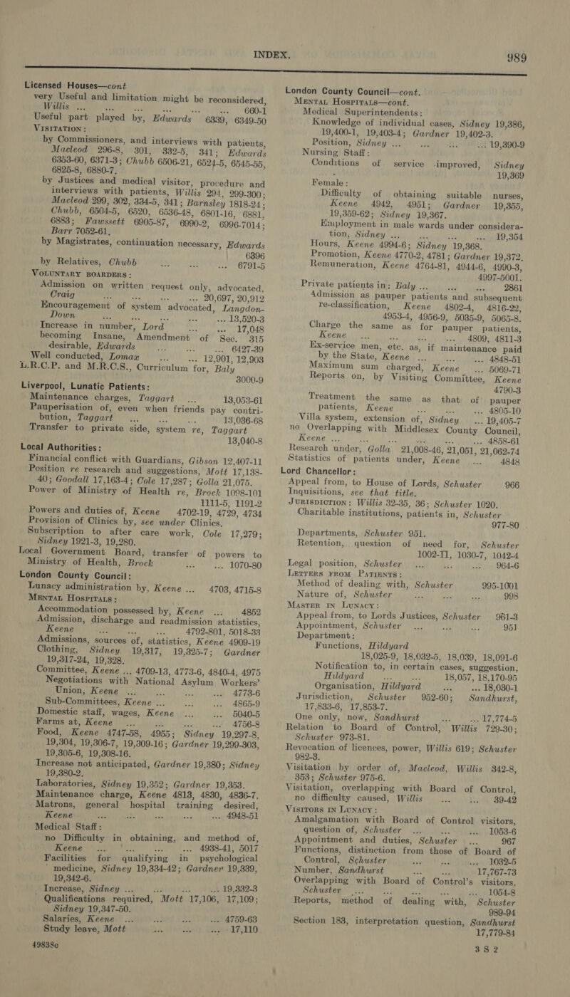 I89 Licensed Houses—cont very Useful and limitation might be reconsidered, Willis : via a on ve GOT Useful part played by, Edwards 6339, 6349-50 VISITATION : by Commissioners, and interviews with patients, Macleod 296-8, 301, 332-5, 341; Edwards 6353-60, 6371-3; Chubb 6506-21, 6524-5, 6545-55, 6825-8, 6880-7. by Justices and medical visitor, procedure and interviews with patients, Willis 294, 299-300; Macleod 299, 302, 334-5, 341; Barnsley 1818-24 ; Chubb, 6504-5, 6520, 6536-48, 6801-16, 6881, 6883; Fawssett 6905-87, 6990-2, 6996-7014; Barr 7052-61, by Magistrates, continuation necessary, Edwards 6396 by Relatives, Chubb 6791-5 VOLUNTARY BOARDERS : Admission on written request only, advocated, Craig us bf 4s ... 20,697, 20,912 Encouragement of system advocated, Langdon- Down ... 13,520-3 Increase in number, Lord. a «-- 17,048 becoming Insane, Amendment of Sec. 315 desirable, Edwards 4 6427-39 Well conducted, Lomax 4 -- 12,901, 12,903 L.R.C.P. and M.R.C.S., Curriculum for, Baly 3000-9 Liverpool, Lunatic Patients: Maintenance charges, Taggart 13,053-61 Pauperisation of, even when friends pay contri- bution, Taggart a4 a 13,086-68 Transfer to private side, system re, Taggart 13,040-8 Local Authorities: Financial conflict with Guardians, Gibson 12,407-11 Pesition re research and suggestions, Mott 17,138- 40; Goodall 17,163-4; Cole 17,287; Golla 21,075. Power of Ministry of Health re, Brock 1098-101 1111-5, 1191-2 Powers and duties of, Keene 4702-19, 4729, 4734 Provision of Clinics by, see under Clinics. Subscription to after care work, Cole 17,279; Sidney 1921-3, 19,280. Local Government Board, transfer of powers to Ministry of Health, Brock . 1070-80 London County Council: Lunacy administration by, Keene ... MEntTat Hospirats: Accommodation possessed by, Keene 4852 Admission, discharge and readmission statistics, Keene : 4¥ 4792-801, 5018-33 Admissions, sources of, statistics, Keene 4909-19 Clothing, Sidney 19,317, 19,325-7; Gardner 19,317-24, 19,328. Committee, Keene .., 4709-13, 4773-6, 4840-4, 4975 Negotiations with National Asylum Workers’ 4708, 4715-8 Union, Keene . Be 4773-6 Sub-Committees, Keene . 4865-9 Domestic staff, wages, Keene 5040-5 Farms at, Keene 4756-8 Food, Keene 4747-58, 4955; Sidney 19,297-8, 19,304, 19,306-7, 19,309-16; Gardner 19, 299-303, 19,305-6, 19,308-16. Increase not anticipated, Gardner 19,380; Sidney 19,380-2. Laboratories, Sidney 19,352; Gardner 19,358. Maintenance charge, Keene 4813, 4830, 4836-7. Matrons, general hospital training desired, Keene t. ve . 4948-51 Medical Staff : no Difficulty in obtaining, and method of, eeeme sy Bare 4%. “ ) Facilities for qualifying in _ psychological ' medicine, Sidney 19,334-42; Gardner 19,339, 19,342-6. Increase, Sidney ... et ee: ... 19,332-3 ' Qualifications required, Mott 17,106, 17,109; Sidney 19,347-50. Salaries, Keene ... Study leaye, Mott 49838c ... 4759-63 17,110 London County Council—cont. Mentat Hosprrars—cont. Medical Superintendents: Knowledge of individual cases, Sidney 19,386, 19,400-1, 19,403-4; Gardner 19,402-3. Position, Sidney ... ... L9,390-9 Nursing: Staff: Conditions of service improved, Sidney : 19,369 Female : Difficulty of obtaining suitable nurses, Keene. 4942, 4951; Gardner 19,355, 19,359-62; Sidney 19,367. Kmployment in male wards under considera- tion, Sidney ... As id -. 19,354 Hours, Keene 4994-6; Sidney 19,368. Promotion, Keene 4770-2, 4781; Gardner 19,372. Remuneration, Keene 4764-81, 4944-6, 4990-3, 4997-5001. Private patients in; Baly ... vkg ne 2861 Admission as pauper patients and subsequent re-classification, Keene 4802-4, 4816-22, 4953-4, 4956-9, 5035-9, 5065-8. Charge the same as for pauper patients, Keene aes H.'s 4809, 4811-3 Eix-service men, ete. as, if maintenance paid by the State, Keene aR ... 4848-51 Maximum sum charged, Keene - 5069-71 Reports on, by Visiting Committee, Keene 4790-3 Treatment the same as that of pauper patients, Keene Ae a --» 4805-10 Villa system, extension of, Sidney ... 19,405-7 no Overlapping with Middlesex County Council, Keene ... ie ste ay ve .-. 4858-61 Research under, Golla 21,008-46, 21,051, 21,062-74 Statistics of patients under, Keene 4848 Lord Chancellor: Appeal from, to House of Lords, Schuster 966 Inquisitions, see that title. JuRIspicTIon : Willis 32-35, 36; Schuster 1020. Charitable institutions, patients in, Schuster 977-80 . Departments, Schuster 951. Retention, question of need for, Schuster 1002-11, 1030-7, 1042-4 Legal position, Schuster 7 964-6 Letrers FRoM Parrents: Method of dealing with, Schuste 995-1001 Nature of, Schuster ae ath a 998 Master in Lunacy: Appeal from, to Lords Justices, Schuster 961-3 Appointment, Schuster... ie: Ae 951 Department ; Functions, Hildyard 18,025-9, 18,032-5, 18,039, 18,091-6 Notification to, in certain cases, suggestion, Hildyard i os 18,057, 18,170-95 Organisation, Hildyard i .-. 18,030-1 Jurisdiction, Schuster 952-60; Sandhurst, 17,833-6, 17,853-7. One only, now, Sandhurst a Deda C45 Relation to Board of Control, Willis 729-30: Schuster 973-81. Revocation of licences, power, Willis 619; Schuster 982-3. Visitation by order of, Macleod, Willis 342-8, 353; Schuster 975-6. Visitation, overlapping with Board of Control, no difficulty caused, Willis 39-42 VistTors In Lunacy: Amalgamation with Board of Control visitors, question of, Schuster fe! . 1053-6 Appointment and duties, Schuster... 967 Functions, distinction from those of Board of Control, Schuster ws 1082-5 Number, Sandhurst 17,767-73 Overlapping with Board of Control’s visitors, Schuster . e aS ie ».. 1054-8 Reports, method of dealing with, Schuster 989-94 Section 183, interpretation question, Sandhurst 17,779-84 3S 2