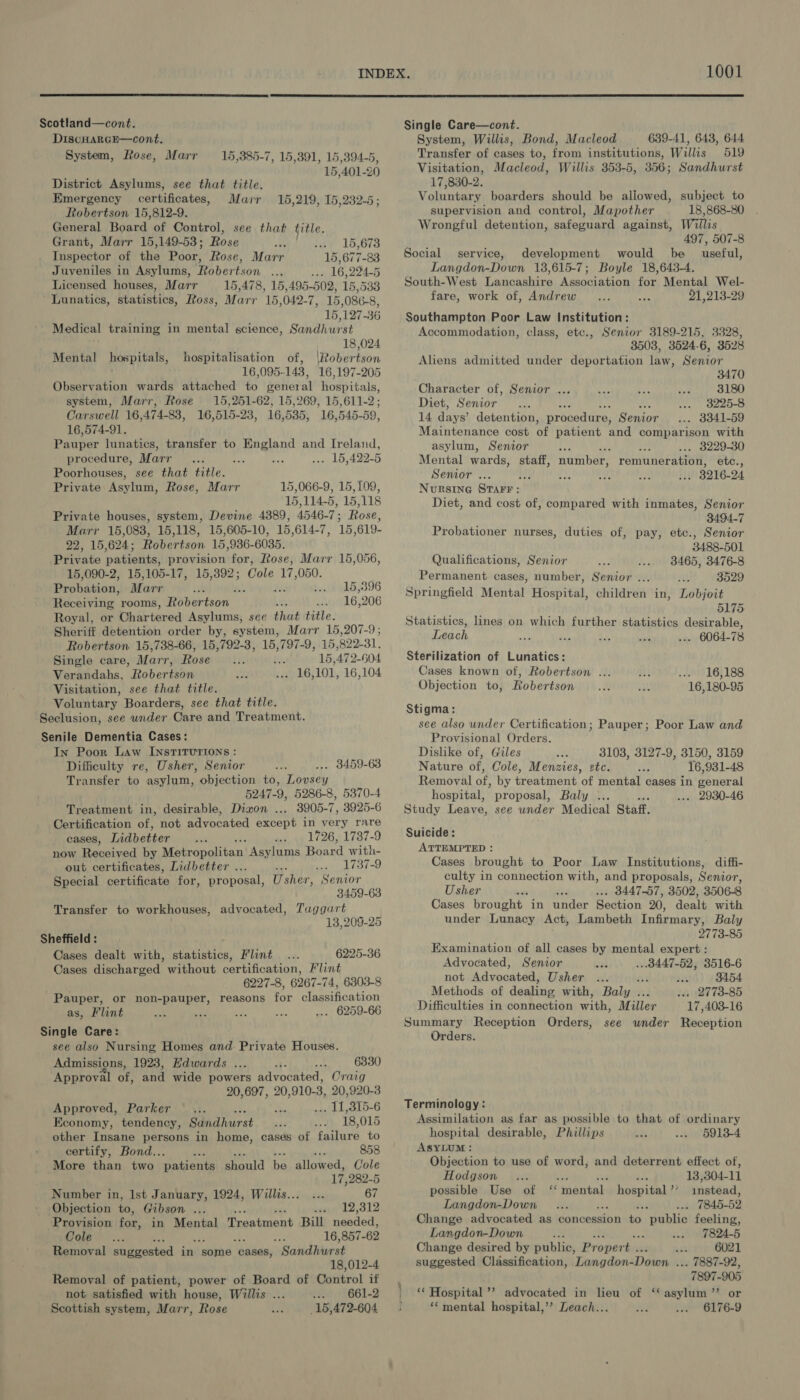  Scotland—cont. DiscHargE—cont. System, Rose, Marr —15,385-7, 15,391, 15,394-5, 15,401-20 District Asylums, see that title. Emergency certificates, Marr Robertson 15,812-9. General Board of Control, 15,219, 15,232-5; see that fitle. Grant, Marr 15,149-53; Rose f 15,673 Inspector of the Poor, Rose, Marr 15, 677-8 Juveniles in Asylums, Robertson . 16,224-5 Licensed houses, Marr 15,478, 15,495-502, 15,533 Lunatics, statistics, Ross, Marr 15,042-7, 15,086-8, 15,127-36 Medical training in mental science, Sandhurst 18,024 Mental hospitals, hospitalisation of, |Robertson 16,095-143, 16,197-205 Observation wards attached to general hospitals, system, Marr, Rose 15,251-62, 15,269, 15,611-2; Carswell 16,474-83, 16,515-23, 16,535, 16,545-59, 16,574-91. Pauper lunatics, transfer to ‘euidieoisial and Ireland, procedure, Marr... . 15,422-5 Poorhouses, see that title. Private Asylum, Rose, Marr 15,066-9, 15,109, 15,114-5, 15,118 Private houses, system, Devine 4389, 4546- 7; Rose, Marr 15, 083, 15,118, 15,605-10, 15 614-7, 1B: 619- 22, 15,624; Robertson 15, 936- 6035. Private patients, pravision: for, Rose, Marr 15,056, 15,090-2, 15,105-17, 15,392; Cole 17, 050. Probation, Marr ‘ ‘ ; Receiving rooms, Robertson . Royal, or Chartered Asylums, sce that title. Sheriff detention order by, system, Marr 15,207-9; Robertson 15,738-66, 15,792-3, 15,797-9, 15,822-31. Single care, Marr, Rose i, 15,472-604 Verandahs, Robertson . 16,101, 16,104 Visitation, see that title. Voluntary Boarders, see that title. Seclusion, see wnder Care and Treatment. Senile Dementia Cases: In Poor Law INSTITUTIONS : Difficulty re, Usher, Senior . 3459-63 Transfer to asylum, objection to, Lovsey 5247-9, 5286-8, 5370-4 Treatment in, desirable, Dizon ... 3905-7, 3925-6 Certification of, not advocated except in very rare cases, Lidbetter , 1726, 1737-9 now Received by Metropolitan Asylums Board with- out certificates, Lidbetter ... : ; 1737-9 Special certificate for, proposal, Usher, Senior 3459-63 Transfer to workhouses, advocated, Tuggart 13, 209-25 15,396 16,206 Sheffield : Cases dealt with, statistics, Flint 6225-36 Cases discharged without certification, Flint 6227-8, 6267-74, 6303-8 reasons for classification Pauper, or non-pauper, ... 6259-66 as, Flint Single Care: see also Nursing Homes and Private Houses. Admissions, 1923, Edwards ... 6330 Approval of, and wide powers Advocated. Craig 20,697, 20,910- 3, 20,920-3 Approved, Parker .. 11,315-6 Economy, tendency, Sdndhurst 18,015 other Insane persons in home, cases of failure to certify, Bond.. 858 More than two patients should be allowed, Cole 17, 282-5 Number in, Ist January, 1924, Willis... ... 67 Objection to, Gibson ... seayn'd2,o12 Provision for, in Mental Treatment Bill needed, Cole ee 16,857- 62 Removal suggested in some “cases, ‘Sandhurst 18,012-4 Removal of patient, power of Board of Control if not satisfied with house, Willis ... ... 661-2 Scottish system, Marr, Rose 15,472-604 1001  Single Care—cont. System, Willis, Bond, Macleod 639-41, 643, 644 Transfer of cases to, from institutions, Willis 519 Visitation, Macleod, Willis 353-5, 356; Sandhurst 17,830-2. Voluntary boarders should be allowed, subject to supervision and control, Mapother 18,868-80 Wrongful detention, safeguard against, Willis 497, 507-8 Social service, development would be _ useful, Langdon-Down 13,615-7; Boyle 18,643-4. South-West Lancashire Association for Mental Wel- fare, work of, Andrew 21,213-29 Southampton Poor Law Institution: Accommodation, class, etc., Senior 3189-215, 3328, 35038, 3524-6, 3528 Aliens admitted under deportation law, Senior 3470 Character of, Senior ... 3180 Diet, Senior ane .. 8225-8 14 days? detention, procedure, Senior ... 3341-59 Maintenance cost of patient and comparison with asylum, Senior : 3229-30 Mental wards, staff, number, remuneration, etc., Senior ... a3 . 3216-24 NURSING Starr: Diet, and cost of, compared with inmates, Senior 3494-7 Probationer nurses, duties of, pay, etc., Senior , 3488-501 Qualifications, Senior 3465, 3476-8 Permanent cases, number, Senior ... 3529 Springfield Mental Hospital, children in, Lobjoit 5175 Statistics, lines on which further statistics desirable, Leach . 6064-78 Sterilization of Lunatics: Cases known of, Robertson ... ... 16,188 Objection to, Robertson 16,180-95 Stigma: see also under Certification ; Provisional Orders. Dislike of, Giles 3103, 3127-9, 3150, 3159 Nature of, Cole, Menzies, etc. 16,931-48 Removal of, by treatment of mental cases in general hospital, proposal, Baly ... ee .. 2930-46 Study Leave, see wnder Medical Staff. Pauper; Poor Law and Suicide: ATTEMPTED : Cases brought to Poor Law Institutions, diffi- culty in connection with, and proposals, Senior, Usher wa . 3447-57, 3502, 3506-8 Cases brought in under Section 20, dealt with under Lunacy Act, Lambeth Infirmary, Baly 2773-85 Examination of all cases by mental expert: Advocated, Senior poring ie 3516-6 not Advocated, Usher ... bs ih 3454 Methods of dealing with, Baly . . 2773-85 Difficulties in connection with, Miller 17,403-16 Summary Reception Orders, see wnder Reception Orders. Terminology: Assimilation as far as possible to that of ordinary hospital desirable, Phillips 5913-4 ASYLUM: Objection to use of word, and deterrent effect of, Hodgson ... Ae : 13,304-11 possible Use of ‘ meéntal: _ hospital »” instead, Langdon-Down . 7845- 52 Change advocated as concession wa public feeling, Langdon-Down : 7824-5 Change desired by public, Pr opert .. 28 6021 suggested Classification, Langdon-Down ... 7887-92, 7897-905 ‘* Hospital’? advocated in lieu of ‘‘ asylum” or ** mental hospital,’’? Leach... 6176-9