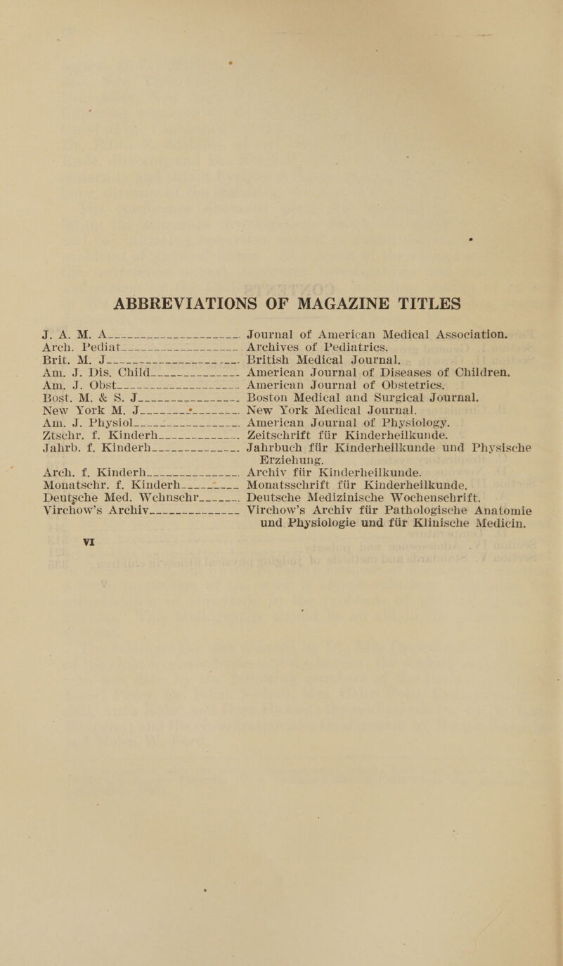 ABBREVIATIONS OF MAGAZINE TITLES Pia’. We: Sioa Se tens SERRE sent Ar ogee net Journal of American Medical Association. AYreh:;Petint= =. “S95 Sees Archives of Pediatrics. BERGE hee ee a ee ee ees British Medical Journal. PNG a1 leer ee 6 GS Sasl By 20 tome aie int eat American Journal of Diseases of Children. AS SOUSt eae Se ee American Journal of Obstetrics, Bost. WES Beda ee eae Boston Medical and Surgical Journal. New York M. J -------+ EES SUAS New York Medical Journal. JST ce EV SLO poe. eee ee American Journal of Physiology. Fascha. f. isimeerns ee Zeitschrift fiir Kinderheilkunde. Jahrb. f Kinderh. 2222 e ee Jabrbuch ftir Kinderheilkunde und Physische Hrziehung. AeGHs EIR ROOTID. ene hee ee Archiv fiir Kinderheilkunde. Monatsehr. f{; Kinder... *.. = Monatsschrift ftir Kinderheilkunde. Deutsche Med. Webnschr__-.__; Deutsche Medizinische Wochenschrift. Virehow's “Archiv. o222 2202S Virchow’s Archiv fiir Pathologische Anatomie und Physiologie und fiir Klinische Medicin.
