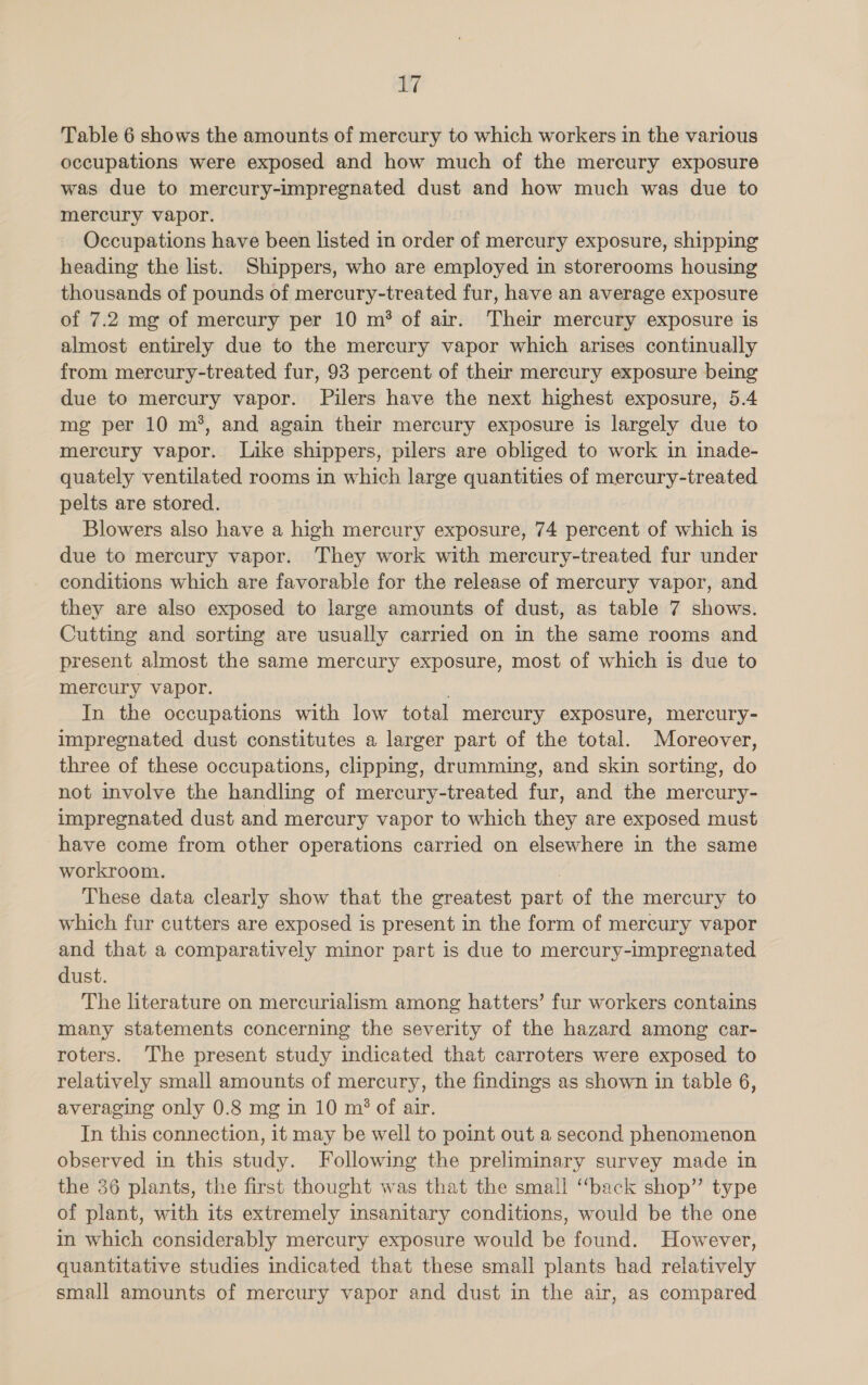 Ny Table 6 shows the amounts of mercury to which workers in the various occupations were exposed and how much of the mercury exposure was due to mercury-impregnated dust and how much was due to mereury vapor. Occupations have been listed in order of mercury exposure, shipping heading the list. Shippers, who are employed in storerooms housing thousands of pounds of mercury-treated fur, have an average exposure of 7.2 mg of mercury per 10 m? of air. Their mercury exposure is almost entirely due to the mercury vapor which arises continually from mercury-treated fur, 93 percent of their mercury exposure being due to mercury vapor. Pilers have the next highest exposure, 5.4 mg per 10 m’, and again their mercury exposure is largely due to mercury vapor. Like shippers, pilers are obliged to work in inade- quately ventilated rooms in which large quantities of mercury-treated pelts are stored. Blowers also have a high mercury exposure, 74 percent of which is due to mercury vapor. They work with mercury-treated fur under conditions which are favorable for the release of mercury vapor, and they are also exposed to large amounts of dust, as table 7 shows. Cutting and sorting are usually carried on in the same rooms and present almost the same mercury exposure, most of which is due to mercury vapor. | In the occupations with low total mercury exposure, mercury- impregnated dust constitutes a larger part of the total. Moreover, three of these occupations, clipping, drumming, and skin sorting, do not involve the handling of mercury-treated fur, and the mercury- impregnated dust and mercury vapor to which they are exposed must have come from other operations carried on elsewhere in the same workroom. These data clearly show that the greatest part of the mercury to which fur cutters are exposed is present in the form of mercury vapor and that a comparatively minor part is due to mercury-impregnated dust. The literature on mercurialism among hatters’ fur workers contains many statements concerning the severity of the hazard among car- roters. The present study indicated that carroters were exposed to relatively small amounts of mercury, the findings as shown in table 6, averaging only 0.8 mg in 10 m’ of air. In this connection, it may be well to point out a second phenomenon observed in this study. Following the preliminary survey made in the 36 plants, the first thought was that the small “back shop” type of plant, with its extremely insanitary conditions, would be the one in which considerably mercury exposure would be found. However, quantitative studies indicated that these small plants had relatively small amounts of mercury vapor and dust in the air, as compared