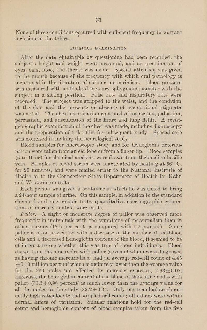 ol None of these conditions occurred with sufficient frequency to warrant inclusion in the tables. PHYSICAL EXAMINATION After the data obtainable by questioning had been recorded, the subject’s height and weight were measured, and an examination of eyes, ears, nose, and throat was made. Special attention was given to the mouth because of the frequency with which oral pathology is mentioned in the literature of chronic mercurialism. Blood pressure was measured with a standard mercury sphygmomanometer with the subject in a sitting position. Pulse rate and respiratory rate were recorded. The subject was stripped to the waist, and the condition of the skin and the presence or absence of occupational stigmata was noted. The chest examination consisted of inspection, palpation, percussion, and auscultation of the heart and lung fields. A roent- genographic examination of the chest was made, including fluoroscopy and the preparation of a flat film for subsequent study. Special care was exercised in making the neurological study. Blood samples for microscopic study and for hemoglobin determi- nation were taken from an ear lobe or from a finger tip. Blood samples (6 to 10 cc) for chemical analyses were drawn from the median basilic vein. Samples of blood serum were inactivated by heating at 56° C. for 20 minutes, and were mailed either to the National Institute of Health or to the Connecticut State Department of Health for Kahn and Wassermann tests. Each person was given a container in which he was asked to bring a 24-hour sample of urine. On this sample, in addition to the standard chemical and microscopic tests, quantitative spectrographic estima- tions of mercury content were made. _ Pallor.—A slight or moderate degree of pallor was observed more frequently in individuals with the symptoms of mercurialism than in other persons (18.6 per cent as compared with 1.2 percent). Since pallor is often associated with a decrease in the number of red-blood cells and a decreased hemoglobin content of the blood, it seemed to be of interest to see whether this was true of these individuals. Blood drawn from the nine males with pallor (seven of whom were diagnosed as having chronic mercurialism) had an average red-cell count of 4.45 +0.10 million per mm? which is definitely lower than the average value for the 260 males not affected by mercury exposure, 4.93-+0.02. Likewise, the hemoglobin content of the blood of these nine males with pallor (76.3+0.96 percent) is much lower than the average value for all the males in the study (82.20.83). Only one man had an abnor- mally high reticulocyte and stippled-cell count; all others were within normal limits of variation. Similar relations hold for the red-cell count and hemoglobin content of blood samples taken from the five