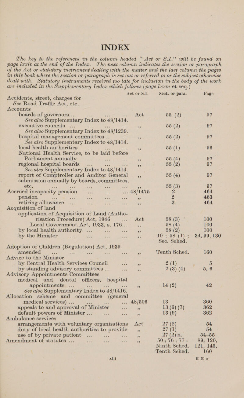 Act or 8.1. Accidents, street, charges for See Road Traffic Act, etc. Accounts boards of governors.. Act See also Supplementary Index to 48 / 1414. executive councils ... See also Supplementary Index to 48 / 1239. hospital management committees.. See also Supplementary Index to 48/1414. local health authorities National Health Service, to be laid before Parliament annually re Sloss regional hospital boards ... See also Supplementary Index to 48 / 1414. report of Comptroller and Auditor General etc. a Accrued incapacity pension pension , a retiring allowance Acquisition of land application of Acquisition of Land (Autho- risation Procedure) Act, 1946 3 Local Government Act, 1933, s. 176... by local health authority : oe by the Minister Adoption of Children pce!) Act, 1939 amended ms Advice to the Minister by Central Health Services Council by standing advisory committees ... Advisory Appointments Committees medical and dental officers, hospital appointments ... See also Supplementary Index to 48 / 1416. Allocation scheme and committee (general medical services) .. ; appeals to and approval of Minister default powers of Minister . Ambulance services arrangements with voluntary organisations duty of local health authorities to ia use of by private patient Amendment of statutes .. 99 99 99 Sect. or para. 55 (2) LO 3 O8e(h).s Sec. Sched. 13 13 (6) (7) 13 (9) 27 (2) 27 (1) 27 (2)n SOs 761s 7 i Page 97 97 97 96 97 97 97 97 464 463 464 100 100 100 34, 99, 130 160 42 360 362 362 54 54 54-55 89, 120, 121, 145, 160