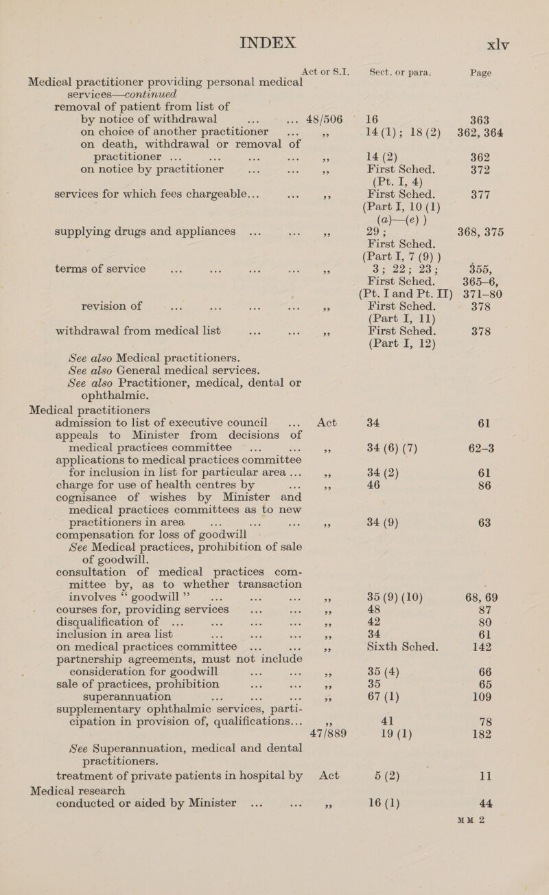 services—continued removal of patient from list of by notice of withdrawal on choice of another practitioner on death, withdrawal or removal of practitioner .. on notice by practitioner services for which fees chargeable... supplying drugs and appliances terms of service revision of withdrawal from medical list See also Medical practitioners. See also General medical services. See also Practitioner, medical, dental or ophthalmic. admission to list of executive council appeals to Minister from decisions of medical practices committee applications to medical practices committee for inclusion in list for particular area . charge for use of health centres by cognisance of wishes by Minister and medical practices committees as to new practitioners in area ; compensation for loss of goodwill — See Medical practices, prohibition of sale of goodwill. consultation of medical practices com- mittee by, as to whether transaction involves “* goodwill ”’ courses for, providing services disqualification of inclusion in area list on medical practices committee ... partnership agreements, must not include consideration for goodwill sale of practices, | Sasa superannuation oe supplementary ophthalmic services, , parti- cipation in provision of, qualifications... See Superannuation, medical and dental practitioners. treatment of private patients in hospital by conducted or aided by Minister 99 47/889 Act 29 Sect. or para. 16 14 (1); 14 (2) First Sched. (Pt. I, 4) First Sched. eee en Sched. First Sched. (Part I, 11) (Part I, 12) 34 34 (6) (7) 34 (2) 46 34 (9) 35 (9) (10) 48 42 34 35 (4) 35 67 (1) 41 19 (1) Page 363 362, 364 362 372 377 368, 375 355, 365-6, 378 378 61 62-3 61 86 63 68, 69 87 89 61 142 66 65 109 78 182 11 44