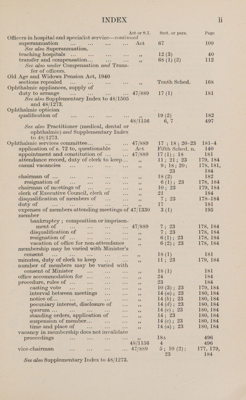 Act or 8.1. Officers in hospital and Sean service—continued superannuation a Act See also Superannuation. teaching hospitals ... et, ns ee ey transfer and compensation... : 3 See also under Compensation and Trans- fer of officers. Old Age and Widows Pension Act, 1940 sections repealed... : nae ae ~ Ophthalmic appliances, supply of duty to arrange : ... 47/889 See also Supplementary Index to 48 /1505 and 48/1273. Ophthalmic optician qualification of se a 48/1156 See also Practitioner (medical, dental or ophthalmic) and Supplementary Index to 48/1273. Ophthalmic services committee... ; . 47/889 application of s. 72 to, questionable : Act appointment and constitution of ... . 47/889 attendance record, duty of clerk to keep... es casual vacancies ‘Sis see ie ee i chairman of . ee Lae any. ane oH resignation Giviees ae ee vas 3 chairman of meetings ‘of me te aes eA clerk of Executive Council, clerk of re ke disqualification of members of _... mie ie duty of : expenses of members attending meetings of 47 /1330 member bankruptcy ; composition or imprison- menr of. 2 x: ine ke . 47/889 disqualification of es oe see ie resignation of ... ; He vacation of office for non- attendance es membership may be varied with Minister’s _ consent ; was ais ae minutes, duty of clerk to keep oe a number of members may be varied with consent of Minister we er ae rs office accommodation for ... ne rae 3 procedure, rules of ... See a ae - casting vote ee bad Tis E interval between meetings le ee Sg notice of.. me es pecuniary interest, disclosure of i's ‘3 quorum . aes ee standing orders, application of oiais ne suspension of member... sits refs Pe time and place of a5 i vacancy in membership does not invalidate proceedings aieks a ; a 48/1156 vice-chairman - 47/889 See also Supplementary Index to 48/1273. 67 17 (1) 19 (2) 6,7 ee 23 18 (2) 6 (1); 10; 23 14 (c) ; 14 (a) ; 18a 4 18 23 23 23 23 Page 109 40 112 168 181 182 497 181-4 140 181 179, 184 178, 181, 184 182 178, 184 179, 184 184 178-184 181 195 178, 184 184 184 178, 184 181 179, 184 181 184 184 179, 184. 180, 184 180, 184 180, 184 180, 184 180, 184 180, 184 180, 184 496 496 177, 179, 184