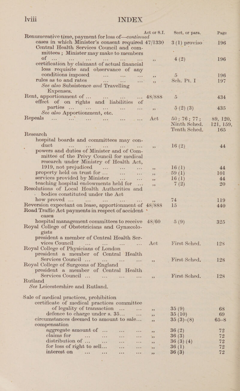 Iviil INDEX Act or 8.1. Sect, or para. Renumerative time, payment for loss of—continued Central Health Services Council and com- mittees ; Minister may make to members Of = ck: He 4 (2) certification by claimant of actual financial loss requisite and observance of any conditions imposed set ee ae oe 5 rules as to and rates an nS Sch. Pt. I See also Subsistence and ‘Travelling : Expenses. i= Rent, apportionment of . ... 48/888 5 effect of on rights and liabilities of parties ... ee Ages 5 (2) (3) See also Apportionment, ete. . Repeals _... sie a Re peeebat ee AoW ieee ia Ba Research hospital boards and committees may con- duct ; Sy 16 (2) powers and duties of Minister and of Com- mittee of the Privy Council. for medical research under Ministry of Health Act, 1919, not prejudiced sie ea ; s 16 (1) property held on trust for ... = iad sf - 69 (1) services provided by Minister se sus 3 16 (1) teaching hospital endowments held for sats 5 7 (2) Resolutions of Local Health Authorities and bodies constituted under the Act how proved ... 74 Reversion expectant on lease, apportionment of 48 / 888 15 Road Traffic Act payments in respect of accident ° cases hospital management committees to receive 48/60 5 (9) Royal College of Obstetricians and Gynzcolo- gists president a member of Central Health Ser- vices Council Mis : ji ase First Sched. Royal College of Physicians of London president a member of Central Health Services Council ... : a ae _ First Sched. Royal College of Surgeons of England | president a member of Central Health Services Council ... ee ete &lt;2 By First Sched. Rutland See Leicestershire and Rutland. Sale of medical practices, prohibition certificate of medical practices committee of legality of transaction ... ba ‘3 35 (9) defence to charge under s. 35.. é “9 35 (10) circumstances deemed to amount to sale.. Pe 35 (3)-(8) compensation aggregate amount of ... dns wis a 36 (2) claims for aac hy oe as 3 36 (3) distribution of . sas me i 36 (3) (4) for loss of right to sell.. Fat. ES - 36 (1) interest on He a omy ste 3 36 (3) Page 196 196 196 197 434 435 89, 120, 121, 159, 165 44 44 101 44 20 119 440 128 128 68 69 65-8 72 72 72 72 72