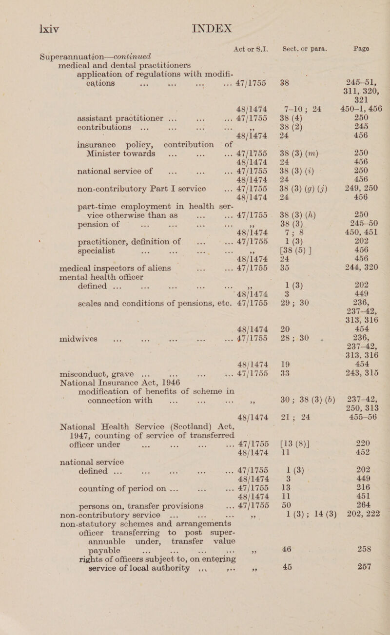 xiv INDEX Superannuation—continued medical and dental practitioners _ application of regulations with modifi- cations ibe wage assistant practitioner ... contributions of insurance policy, contribution Minister towards national service of non-contributory Part I service part-time employment in health ser- vice otherwise than as pension of practitioner, definition of specialist medical inspectors of aliens — mental health officer defined ... scales and conditions of pensions, etc. midwives misconduct, grave ... National Insurance Act, 1946 modification of benefits of scheme in connection with National Health Service (Scotland) Act, 1947, counting of service of transferred officer under 48/1474 48/1474 48/1474 48/1474 47/1755 48/1474 48/1474 99 national service defined ... counting of period on ... persons on, transfer provisions non-contributory service non-statutory schemes and arrangements officer transferring to post super- annuable under, transfer value payable rights of officers subject to, on | entering service of local authority Le) eo: 48/1474 48/1474 99 Sect. or para. 38 7-10; 24 38 (4) 38 (2) 24 38 (3) (2) 24 30; 38 (3) (b) 1 (3); 14 (3) 46 46 Page 245-51, 311, 320, 321 450-1, 456 250 245 456 250 456 250 456 249, 250 456 250 245-50 450, 451 202 456 456 244, 320 202 449 236, 237-42, 313, 316 454 236, 237-42, 313, 316 454 243, 315 237-42, 250, 313 455-56 220 452 202 449 216 451 264 202, 222 258 257