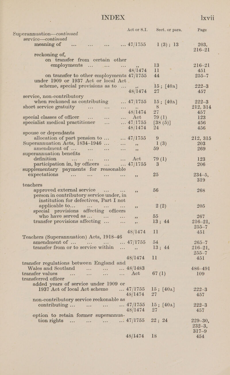 : : Act or 8.1. Superannuation—continued service—continued meaning of .. 47/1755 reckoning of, on transfer from certain other employments : $3 48/1474 on transfer to other employments 47/1755 under 1909 or 1937 Act or local Act. scheme, special provisions as to 48/1474 service, non-contributory when reckoned as eee ae . 47/1755 short service gratuity sl ‘a 3 48/1474 special classes of officer... ahi Se Ae specialist medical practitioner ... 47/1755 48/1474 spouse or dependants allocation of part pension to .. .. 47/1755 Superannuation Acts, 1834-1946 . Ae: fs amendment of . : errs ane ei superannuation benefits definition 7 vias sae) RCL participation in, by officers 5 47/1755 supplementary payments for reasonable expectations Re site bs ss - teachers approved external service... f: person in contributory service under, i in institution for defectives, Part I not applicable to.. : a special provisions affecting ‘officers who have served as. ie ass a transfer provisions affecting so de ‘3 48/1474 Teachers A agai Acts, 1918-46 amendment of . ». 47/1755 transfer from or to service within wa ne 48/1474 transfer regulations between England and Wales and Scotland .. 48/1483 transfer values aes ee a og CU transferred officer added years of service under 1909 or 1937 Act of local Act scheme .. 47/1755 48/1474 non-contributory service reckonable as contributing ... of .. 47/1755 48/1474 option to retain former superannua- tion rights ES ls .. 47/1755 48/1474 1. (3). 13 13 Il 44 15; [40a] 25 15; [40a] 8 27 79 (1) [38 (5)] 24 9 I (3) 59 79 (1) 3 25 56 2 (2) 55 13; 44 Tt 54 13; 44 ll 67 (1) 15; [40a] 27 15; [404] 27 22; 24 18 Page 203, 216-21 216-21 451 255-7 222-3 457 222-3 212, 314 457 123 456 456 212, 315 203 269 123 206 234-5, 319 268 205 267 216-21, 255-7 451 265-7 216-21, 255-7 451 486—491 109 222-3 457 222-3 457 229-30, 232-3, 317-9 454