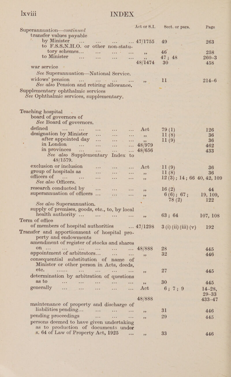 Superannuation—continued transfer values payable : by Minister : to F.S.S.N.H.O. or other non-statu- tory schemes. . ; to Minister war service See Superannuation—National Service. widows’ pension See also Pension and retiring allowance, Supplementary ophthalmic services See Ophthalmic services, supplementary. Teaching hospital - board of governors of See Board of governors. defined ; designation by, Minister after appointed Saud in London &lt;a in provinces . : See also Supplementary Index to 48/1579. exclusion or inclusion group of hospitals as officers of _... ae See also Officers. research conducted by superannuation of officers ... See also Superannuation. supply of premises, sage etc., to, ey local health authority . Term of office of members of hospital authorities Transfer and apportionment of hospital ns perty and endowments amendment of register of stocks and shares on appointment of arbitrators. consequential substitution OF name cE Minister or other person in Acts, deeds, OUGy satan determination by arhiteanes of Gnastions as to ‘ ie 5 generally maintenance of property and discharge of liabilities pending... 54 oa pending proceedings persons deemed to have even indortalne as to production of documents under s. 64 of Law of Property Act, 1925 9? Act 99 99 .. 47/1298 9? &gt;” Act 48/888 99 Sect. or para. Page 49 263 46 258 47; 48 260-3 30 458 a 214-6 - 79 (1) 126 11 (8) 36 11 (9) 36 462 433 11 (9) 36 11 (8) 12 (3); 14; 66 40, 42, 109 16 (2) - 44. 6 (6); 67; 19, 109, 78 (2) 122 63; 64 107, 108 3 (i) (ii) (iii) (v) 192 28 445 32 446 27 445 30 445 Oy Gag 14-28, 29-33 433-47 31 446 29 445 33 446