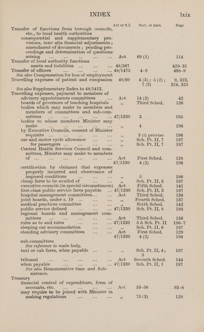 INDEX lxix Act or 8.1. Sect. or para, Page Transfer of functions from borough councils, etc., to local health authorities consequential and supplementary pro- visions, inter alia financial adjustments ; amendment of documents ; pending pro- ceedings and determination of questions arising ; sia eee ACE 69 (1) 114 Transfer of local authority functions assets and liabilities... La .»» 48/567 429-31 Transfer of officers : : . 48/1475 4—9 468-9 See also Compensation for loss of employment Travelling expenses of patient and companion 48/60 4 (3) ;°5 (2); 9, 323, 7 (3) 324, 325 See also Supplementary Index to 48/1413. Travelling expenses, payment to members of advisory appointments committees Sen uct 14 (2) 42 boards of governors of teaching hospitals a5 Third Sched. 136 bodies which may make to members and members of committees and sub-com- mittees ... . 47/1330 3 195 bodies to whose members Minister may make : ie 4 196 by Executive Councils, consent of Minister requisite... ia a 5 3 (1) proviso 196 car and motor cycle ‘allowance ee oF + Sch. Pt. LL 7 197 for passengers ... 4 Sch. Pt. IT, 7 197 Central Health Services Council and com- mittees, Minister may make to members OF 53 es ee ae es soa: WAE First Sched. 128 47/1330 4 (2) 196 certification by claimant that expenses properly incurred and observance of imposed conditions Bs Sa te, £3 5 196 cheap fares to be availed of - Sch. Pt. II, 3 197 executive councils (in special cireumstances) Act Fifth Sched. 141 first-class public service fares payable . 47/1330 Sch. Pt. IT, 3 197 hospital management committees... ioe ACE Third Sched. 136 joint boards, under s. 19... ens Nie ig Fourth Sched. 137 medical practices committee ens on % Sixth Sched. 142 public service defined ae Ge. ... 47/1330 Sch. Pt. IT, 8 198 regional boards and management com- mittees... : ae ais pact NOE Third Sched. 136 rules as to and rates: 2 ee ... 47/1830 5&amp;Sch. Pt. II 196-7 sleeping car accommodation. Sec nae e Reh Pe eG to '. 107 standing advisory committees... ie ACE First Sched. 129 47/1330 4 (2) . 196 sub-committees See reference to main body. taxi or cab fares, when payable ... be, as Sch. Pt. II, 4; 197 5 tribunal ae Sia se rae ... Act Seventh Sched. 144 when payable Sic 5 47/1380 &gt; Sch. Pt. Lit 197 See also Remunerative time and Sub-— sistence. Treasury financial control of expenditure, form of accounts, ete. 4 Act 53-56 93-8 may require to be joined with Minister in making regulations eS at ar Ps 75 (3) 120