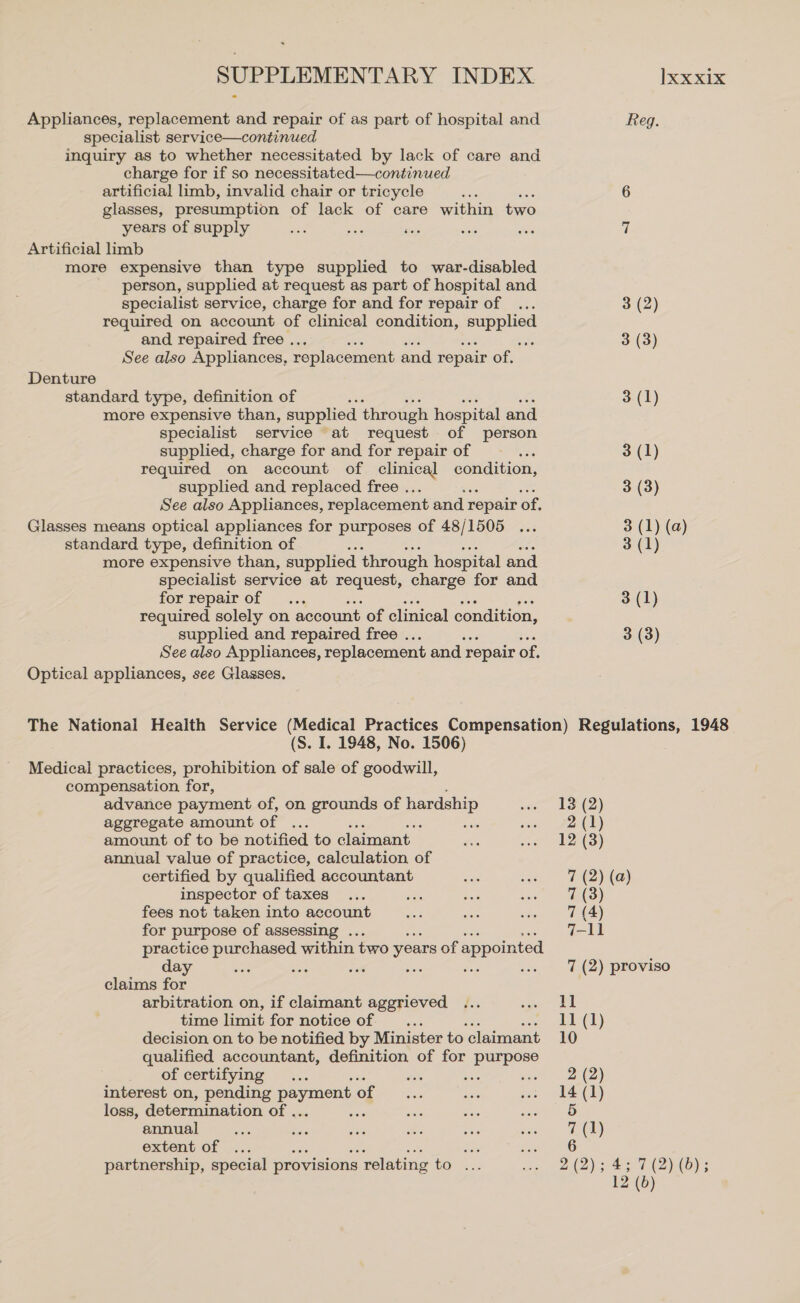 Appliances, replacement and repair of as part of hospital and specialist service—continued inquiry as to whether necessitated by lack of care and charge for if so necessitated—continued artificial limb, invalid chair or tricycle glasses, presumption of lack of care within two years of supply a oie stats Artificial limb more expensive than type supplied to war-disabled _ person, supplied at request as part of hospital and specialist service, charge for and for repair of required on account of clinical condition, ee and repaired free . ; See also Appliances, replacement and repair of. Denture standard type, definition of more expensive than, supplied through hospital and specialist service at request of person supplied, charge for and for repair of required on account of clinical condition, supplied and replaced free . See also Appliances, replacement and repair of. Glasses means optical appliances for purposes of 48/1505 standard type, definition of more expensive than, supplied through hospital and specialist service at request, charge for and for repair of : required solely on account of clinical condition, supplied and repaired free . ‘ See also Appliances, replacement and repair of. Optical appliances, see Glasses. Reg. (S. I. 1948, No. 1506) Medical practices, prohibition of sale of goodwill, compensation, for, advance payment of, on grounds of hardship aggregate amount of ... amount of to be notified to claimant annual value of practice, calculation of certified by qualified accountant inspector of taxes ais fees not taken into account for purpose of assessing . practice purchased within two years of appointed day Se oat Sie? F sah claims for arbitration on, if claimant aggrieved time limit for notice of decision on to be notified by Minister to claimant qualified accountant, definition of for oe of certifying : : interest on, pending payment 0 of loss, determination of .. annual partnership, special provisions relating tot e.2 11 11) 10 2 (2) 14 (1) 5 7 (1)