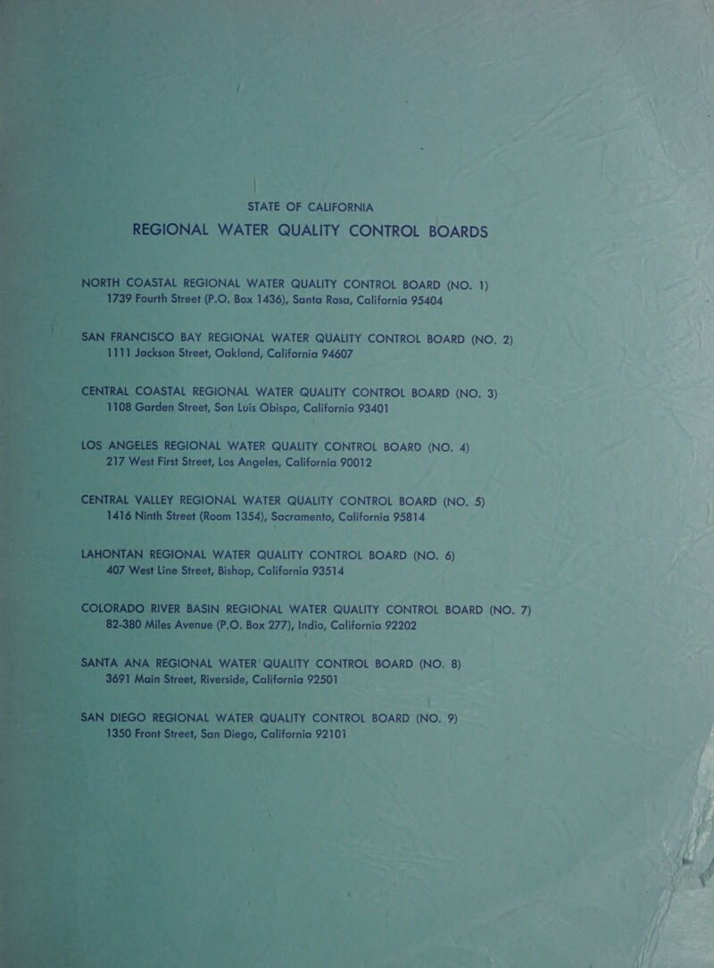 | STATE OF CALIFORNIA  oem REGIONAL WATER QUALITY CONTROL BOARD (NO. 3) rden Street, San Luis Obispo, California 93401 oe |