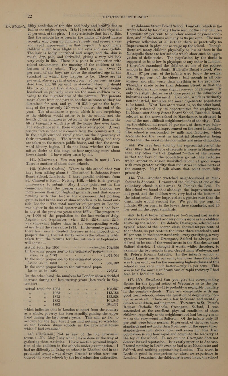 filthy condition of thie skin and. body and nek 4) hiét so bad as one might expect. It is 12 per cent. ofthe boys and 20 per cent. of the girls. I may attribute that fact to this, that the schools have been in the hands of school nurses and rapid improvement in that respect. A good many children suffer from blight in the eyes and sore eyelids. The hair is badly nourished and wispy, and the skin is rough, dry, pale, and shrivelled, giving a very old look very early in life. There is a point in connection with school attainments—the massing of the children at the bottom of the school. They don’t get on. Over 77 per cent. of the boys are above the standard age in the standard in which they happen to be. There are 92 per cent. above age in standard one ; 85 per cent. in stan- dard two, and 80 per cent. in standard three. I should like to point out that although dealing with one neigh- bourhood we probably never see the same children twice, owing to the migratoriness of the parents. The parents move about from one part to another as sooon as they are distrained for rent, and go. Of 236 boys at the begin- ning of the year only 120 were found at the end of the year. The attendance is good, which is not surprising, as the children would rather be in the school, and the health of the children is better in the school than in the filthy tenements which are all the home they ever know. The attendance in all these schools is really good. A very serious fact is that new comers from the country settling in the neighbourhood rapidly take on the degeneracy of their surroundings. The women begin talking, and they are taken to the nearest public house, and then the down- ward history begins. I do not know whether the Com- mittee desire at this stage to hear anything more about these schools. I have other cases by me. 441. (Chairman.) You can put them in now ?—Yes. There is another of those slum schools. 442. (Colonel Onslow.) Where is this school that you have been talking about ?—The school is Johanna Street Board School, Lambeth. I have parallel evidence from St. Clement’s Road, Notting Hill, which it is perhaps unnecessary to submit. May I now point out in this connection that the pauper statistics for London are more serious than for England generally, and that corres- ponding with this fact is the experience that nothing quite so bad in the way of slum schools is to be found out- side London. The total number of paupers in London was higher in the third quarter of 1903 than it had been in any of the previous years since 1871. The proportion per 1,000 of the population in the last weeks of July, August, and September, viz., 22-6, 22-8, and 22-9, was somewhat higher than in the corresponding weeks of nearly all the years since 1875. In the country generally there has been a decided decrease in the proportion of paupers during the last thirty years as the following table, taken from the returns for the last week. in September, will show: Actual total (ee 1908 - oe so a St 702; 990 In the same ‘proportion’ to the catintated popuss &gt; - 1,077, 504 lation as in #873 - : In the same proportion to the estimated popu- lation as in 1883 - - - - - 858,182 In the same proportion to the estimated popu- lation as in 13893 - - - - - 772,031 On the other hand the numbers for London show a decided increase during the last twenty years (last week in Sep- tember) :— Actual total for 1903 - - - - - 105,657 re s 1063 - - - - - 143,186 5. - 1873 - - - - - 133,828 o 9 1883 - - - - - 101,543 1893 : - - - - 104,237 which indicates that in London as apart from the country as a whole, poverty has been steadily gaining the upper hand during the last twenty years. This will go far to account for the fact that I can find nothing so wretched as the London slums schools in the provincial towns which I had examined. 443. (Chairman.) Not in any of the big provincial towns ?—No. May I say what I have done in the way of gathering these statistics. I have made a personal inspec- tion of the children in the schools under,examination. I had no difficulty in fixing on schools in London, and in the provincial towns I was always directed to what were con- sidered the worst schools by the local education authorities. worst school by far of any I have seen, of the elder children I consider 92 per cent. to be below normal physical condi- tion, and of the infants as many as 94 per cent. The most grievous reflection of all is that there is practically no improvement in physique as we go up the school. Though there are many chilcren physically as low as these in the Metropolis there are few schools which show such an aggre- gation of deficiencies. The population by the docks is supposed to be as low in physique as any other in London. I therefore examined the children at one of the poorest schools in that area, South Hullsville Board School, West Ham: 87 per cent. of the infants were below the normal and 70 per cent. of the elders: bad enough in all con- science, and still worse than anything in the provinces. Though a shade better than Johanna Street, in that the only to a slight degree we at once perceive the influence of industries and employment. Lambeth, which is distinctly non-industrial, furnishes the most degenerate population to be found. West Ham atits worst is, on the other hand, slightly redeemed by its opportunities for employment. In Manchester Sharp Street Board School, Rochdale Road, selected as the worst school in Manchester, is situated in one of the most difficult neighbourhoods of the city. Tak- ing the children all round 66 per cent. of them were below the normal, a decided improvement on the worst in London, The school is surrounded by mills and factories, which accounts for the worst in industrial Manchester being better than the worst in the non-industrial areas of London. 444. We have been told by the representatives of the War Office that the type of recruits is worse in Manchester than any other part of England ?—One of the reasons is that the best of the population go into the factories which appear to absorb unskilled labour at good wages with even greater avidity than industries in other parts of the country. May I talk about that point more. fully presently ? 445, Yes.—Another wretched neighbourhood in Man- chester is Ancoats. I examined the children at one of the voluntary schools in this area: St. James’s the Less. In this school we found that although the improvement was not great, and the children were very bad at the bottom of the infant school, they improved at a greater rate than the death rate would account for. We get 64 per cent. of infants, 60 per cent. in the lower three standards, and 46 per cent. in the upper standards. 446. Is that below normal type ?—Yes, and bad as it is it shows a very decided recovery of physique as the children travel up the school. St. John’s, Deansgate, selected as a typical school of the poorer class, showed 60 per cent. of the infants, 44 per cent. in the lower three standards, and 27 per cent. in the upper standards—very gratifying, a very great improvement. Greengate, Salford is always con- sidered to be one of the worst areas in the Manchester and Salford district... I thought it worth while, therefore, to examine the two schools there, Gravel Lane Wesleyan, and St. Peter’s Roman Catholic. In the infant’s school at Gravel Lane it was 62 per cent., the lower three standards was 40 per cent., and in the remaining highest classes of this school it was very much better—only 14 per cent. This was so far the most significant case of rapid recovery I had — seen in a bad slum area. 447. (Mr. Struthers.) Can you give the corresponding figures for the typical school of Wycombe as to the per- centage of physique ?—It is probably a negligible quantity in the country schools. They are comparable with our good town schools, where the question of degeneracy does not arise at all. There are a few backward and mentally defective children, nothing more. To return to St. Peter’s Roman Catholic Schools, Greengate, Salford, I was astounded at the excellent physical condition of these children, especially as the neighbourhood had been given to me as the very worst in Salford. Of the infants only 15 per cent. were below normal, 10 per cent. of the lower three standards and not more than 3 per cent. of the upper three standards+-which shows how well. carea for this Irish population is and how rapid and complete the recovery at the top of the school. In my opinion Greengate does not deserve its evil reputation. It isvastlysuperior to Ancoats. I found nothing in Leeds even as bad as at Manchester and Salford, and nothing approaching London. The worst in Leeds is good in comparison to what we experience in London. I examined the children at Sweet Lane, the school