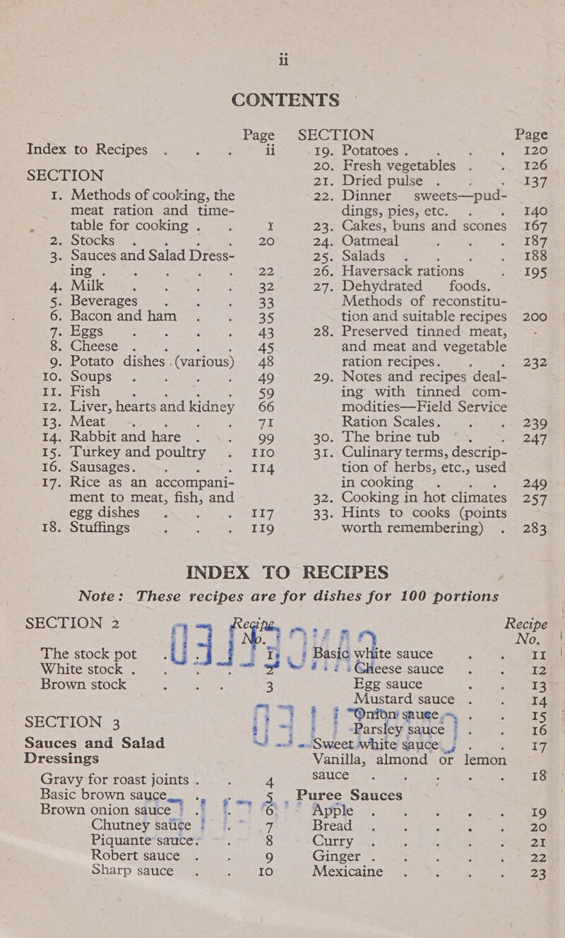 CONTENTS Page SECTION Page Index to Recipes ii 19. Potatoes . 408 20. Fresh vegetables 12 SECTION 21. Dried pulse ; 137 I. Methods of cooking, the 22. Dinner sweets—pud- meat ration and time- dings, pies, etc. 14d 5 table for cooking . I 23. Cakes, buns and scones 167 2s eOtOCKS* 73 20 24. Oatmeal s 2 18% 3. Sauces and Salad Dress- 25. Salads 188 ing) Ei ees 26. Haversack rations — LOS 4. Milk a2 27. Dehydrated foods. 5. Beverages 33 Methods of reconstitu- 6. Bacon and ham 35 tion and suitable recipes 200 7. Eggs 43 28. Preserved tinned meat, - 8. Cheese 45 and meat and vegetable 9. Potato dishes (various) 48 ration recipes. : 232 10. Soups : eG 29. Notes and recipes deal- Ir. Fish : 59 ing with tinned com- 12. Liver, hearts and kidney 66 modities—Field Service 13. Meat -. fs Ration Scales. 239 14. Rabbit and hare . 99 30. The brine tub 247 15. Turkey and poultry IIO 31. Culinary terms, descrip- 16. Sausages. II4 tion of herbs, etc., used 17. Rice as an accompani- in cooking . 249 ment to meat, fish, and . 32. Cooking in hot climates 257, egg dishes Si) 33. Hints to cooks (points 18. Stuffings 119 worth remembering) 283 INDEX TO RECIPES Note: These recipes are for dishes for 100 portions SECTION 2 r rp an. Bue: The stock pot ra a Basic white sauce II White stock . Pane ah = »Gkeese sauce I2 Brown stock Egg sauce 13 — ; | “gums sauce 14 ; ; IY SAUCE. I SECTION 3 :: ] ; Parsley sauce © . iz Sauces and Salad ~/ .4 «Sweet white sauce} nt) Dressings Vanilla, almond or lemon Gravy for roast joints . pee ; 18 Basic brown sauce... ., mks Puree Sauces Brown onion sauce &gt;.) «. 6 — Apple 19 Chutney salice | % Bread 20 Piquante sauce. : 8 Curry 21 Robert sauce 9 Ginger . 22