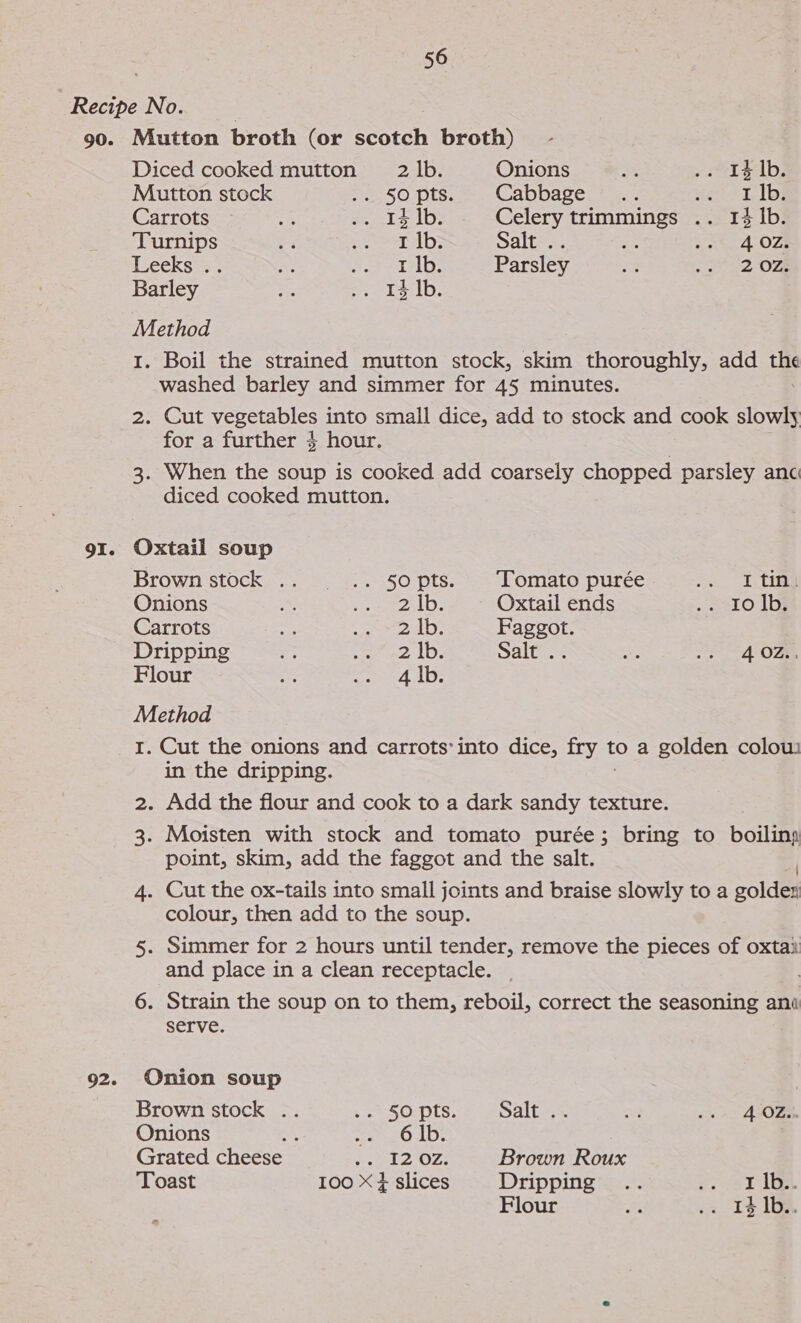 Recibe No. 90. Mutton broth (or Renters broth) Diced cooked mutton 2 |b. Onions a .. I$l|b. Mutton stock ee O Pisses CAD DACe aes ere Lbs Carrots a5 .. I¢]b. Celery trimmings .. 14 Ib. Turnips ei eet b: Salt .. 5 8. 4 077 eeks@-- +. 24 D1b; Parsley % eYa2 Oza Barley ve peels Method 1. Boil the strained mutton stock, skim thoroughly, add tie washed barley and simmer for 45 minutes. 2. Cut vegetables into small dice, add to stock and cook slowly for a further $ hour. | 3. When the soup is cooked add coarsely chopped parsley anc diced cooked mutton. 91. Oxtail soup Brown stock .._—«.. 50 pts. Tomato purée Ita Onions Aa ee ha eP Oxtail ends athe le: Carrots me Mee en V8 Faggot. Dripping 3 pet ,2 lbs Salt .. aa = 4 One Flour a Some Ab: Method 1. Cut the onions and carrots*into dice, fry t to a golden colou: in the dripping. 2. Add the flour and cook to a dark sandy texture. 3. Moisten with stock and tomato purée; bring to boils point, skim, add the faggot and the salt. 4. Cut the ox-tails into small joints and braise slowly to a coldes colour, then add to the soup. 5. Simmer for 2 hours until tender, remove the pieces of oxtax and place in a clean receptacle. 7 6. Strain the soup on to them, reboil, correct the seasoning ani serve. 92. Onion soup Brown stock .. eS OMT Ss: Salt .. aa nis 5. 40m Onions ae emeLO dD: . Grated cheese eer 2 zs Brown Roux Toast 100 X } slices Dripping .. rare als =) Flour ne os 14 Toe.