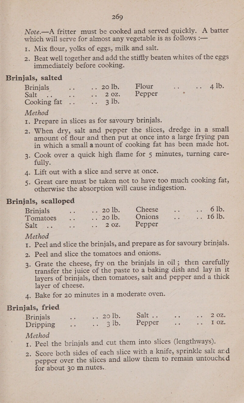 - Note.—A fritter must be cooked and served quickly. A batter which will serve for almost any vegetable is as follows :— 1. Mix flour, yolks of eggs, milk and salt. 2. Beat well together and add the stiffly beaten whites of the eggs immediately before cooking. ‘Brinjals, salted Brinjals a i222 ORD: Flour ie: ot Albs Salt =; sf ei 2 OZ: Pepper ° Cooking fat .. Vn SDs Method 1. Prepare in slices as for savoury brinjals. 2. When dry, salt and pepper the slices, dredge in a small amount of flour and then put at once into a large frying pan in which a small anount of cooking fat has been made hot. 3. Cook over a quick high flame for 5 minutes, turning care- fully. 4. Lift out with a slice and serve at once. 5. Great care must be taken not to have too much cooking fat, otherwise the absorption will cause indigestion. Brinjals, scalloped Brinjals + 2 20.b. Cheese ue ee Oabe Tomatoes eA 4 ROAD. Onions Bee ga tO ID; OSale 25.3 22-02: Pepper Method 1. Peel and slice the brinjals, and prepare as for savoury brinjals. 2, Peel and slice the tomatoes and onions. 3. Grate the cheese, fry on the brinjals in oil; then carefully transfer the juice of the paste to a baking dish and lay in it. layers of brinjals, then tomatoes, salt and pepper and a thick layer of cheese. 4. Bake for 20 minutes in a moderate oven. Brinjals, fried Brinjals Gg &lt;&lt; 2OAb: Salt’... Be fea erOZe Dripping a oe ab. Pepper in pig OZ. Method 1. Peel the brinjals and cut them into slices (lengthways). &gt;. Score both sides of each slice with a knife, sprinkle salt ard pepper over the slices and allow them to remain untouched for about 30 m-nutes.