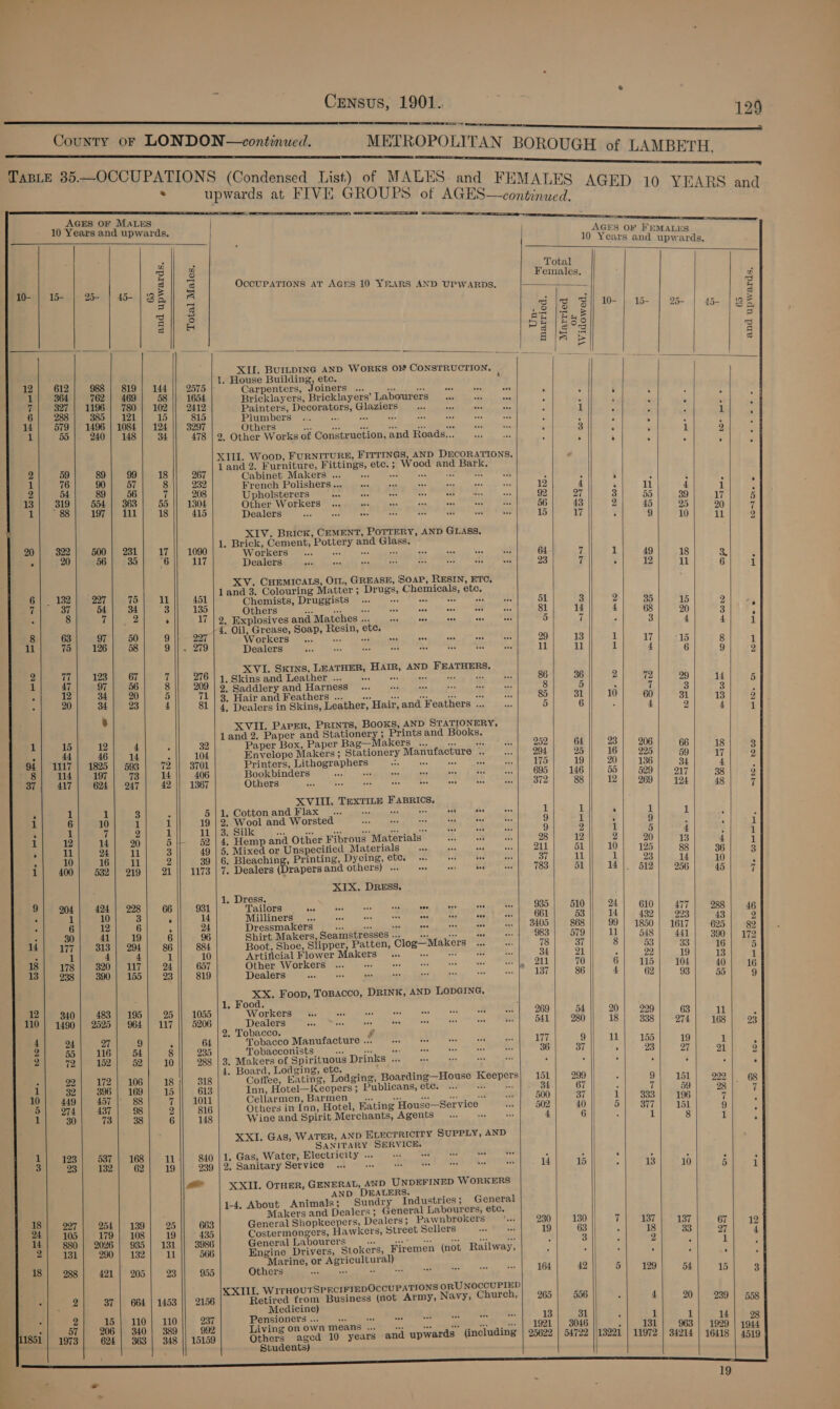 Crnsus, 1901. a, 129 agp dala b lott Sik niin County or LONDON—continued. METROPOLITAN BOROUGH of LAMBETH —_—_ ee TaBLE 35.—OCCUPATIONS (Condensed List) of MALES ; Sra . and FEMATL 7a Dal, + upwards at FIVE GROUPS of RGHS cA SEEPS E Se ane Sa een se“ eee     AGES OF MALES |                             10 Years and upwards. H AGES OF FrEMALKS ————— 10 Years and upwards. 3g A Total 5 2 oon ma Females. a : , ‘ g S CCUPATIONS AT AGES 10 YEARS AND UPWARDS. — = 15- 25- 45- | 35 = / eI a &amp; a FEE P= bg Ps |ecs 3 gis bf 3 = = a : att eek hy WORKS OF CONSTRUCTION. : ; ’ . House Building, etc. f 61 988 819 | 144 || 2575 Camperteles Folnerse-.. op licsae os. ¢ cans oe 307'| 1196 469 | 58 || 1654 Bricklayers, Bricklayers’ Labourers 4. ese : : ‘ . . . : 6) 780 | 102 || 2412 Painters, Decorators, Glaziers fee att pais : 1 . . : “ 288 385 | 121 15 815 Plumbers ... mS 4 aid ; . . . 1 2 579 | 1496 | 1084 | 124 3297 Others “A x oes th Ses re ' : ° > : 3 55 240 | 148 34 478 | 2. Other Works of Construction, and Roads... 3 3 - . 1 2 4 ate. by eal eb ial eee oa DECORATIONS, P ; ; and 2. Furniture, Fittings, etc. ; ood and Bark. = = 99 18 267 Rabiner MBKEEai eg 0 bu Na 8... eR ee 57 8 232 Rar CUM OLS CLAN Mamn a. a Meats ack amticesa lars ale che 12 4 J . . . ; 54 89 56 7 208 Upholsterers pee Can aids ey ee 92 97 3 ll 4 1 ‘ ern es be Ge esac Pts weer. ae). x ictemrais oan betes ee ays gp, by 2B ia ekl ba 415 TSAO Ss ay ee eee ee eel En tent 15 17 3 9 i0 a i ee a pes la eee Rares: AND GLASS. . Brick, Cement, Pottery an ass. hy a ee Tete if hick age ee ei Ge se ASPB ILS 2 bet 4o Fy 19 Dealers Roy ee ere nd kid Cl de aL yet 23 7 12 i - i i gas es oe oe peek Cree anes and 3. Colouring Matter ; Drugs, emicals, etc. e a - 1 || 4oL Chemists, Druggists wick OF ee en ete ae, 51 3 2 95 1 3 7 i 3 || 1385 Others PR UR MEE iit on LO cc ee, 81 14 4 68 20 x , : 17 | 2. Explosives and Matches ... 0-0 ee tee nee 5 7 3 3 . 63 50 3 ae f, Oil, Grease, Soap, Resin, ete. 4 4 1 orkers ... es ‘si had es Pe ene fae 29 e 75| 126| 58) 9/|. 279 Cet ha, ORES el caste eh Ho: 1 ay (det Waite Pebe bid oleae XVI. SKINS, LEATHER, HAIR, AND FEATHERS. m| w3| er} 1] 26), sxinsand Lesther mw mm | 8B] BB) BL oe) ag 12 34 | 90 8 || 209/93 Saddlery and Harness... 1 st tes 8 5 f 7 3 5 2) 8) 2) 5] /g Hotrand¥eathers i dienes 2 | 2 ae ee Meee wee &amp; 4 81 | 4° Dealers in Skins, Leather, Hair,and Feathers ... _ ... 5 6 4 9 oy : ’ XVII. PAPER, PRINTS, BOOKS, AND STATIONERY, a land 2. Paper and Stationery ; Prints and Books. 15 12 4 ; 32 Paper Box, Paper Bag—Makers ... an id ae 252 64 23 206 66 44 46 14 : 104 Envelope Makers ; Stationery Manufacture .. = 294 25 16 995 59 18 3 1117 | 1825 | 593 | 72 || 3701 Prinicrss1ithographersi i. 0. ae IBY 9 19] 20 | | 186 al tae Ga 114 197 73 14 406 Bookbinders a se aes oa ove ts nee 695 146 5d 529 217 a ) 417 624 | 247 42 || 1367 Others as oe pee nn ees: 5 os as 372 88 12 269 124 48 ; XVIII. TEXTILE FABRICS. 1 1 3 . 511. Cottonand Flax 0. 1 se teeth tte ome 1 1 ‘ 1 1 6 10 1 1 19 | 2. Wool and Worsted ee <a x He Gs a 9 1 || ¢ 9 ‘ . 1 7 2 1 Weare GR TS ke os Ud cdimetens® tated yO acs ately ott 9 2 1 5 i ; i 12 14 20 5{|- 52|4, Hemp and Other Fibrous Materials sy ool of 28 12 2 20 13 4 1 10/ 361 i1| 2|| 39/6, Bleaching, Printing, Dyeing, ete, .. i | 87 | Ud Sawa PR ber 400 632 | 219 21 || 1173 | 7. Dealers (Drapers and others) ... oo 1s one on 78, 51 14 512 256 45 ; 204 424 | 228 66 931 Tailors bea et ae Aa Se Net aad si 935 510 24 vi Toeeieis 3} ia || . 14 EP AT Re CO SA EDR og an grocer Ske mkt Wak on Al 2 gt eo To |. ies Giese 6 12 6 : 24 Dieetmna tors 1) Wi: Lees AAP Dod Pond era er a ci te oO ek 8 P| 89 | 1850 | - 2617 |) Seas 3o| 41| 19] 6|| » 96 eee Secs eee emote 883 oro || 1 | gas | 441 300 oe 177 313 | 294 86 884 Boot, Shoe, Slipper, Patten, Clog—Makers ... se 78 37 8 53 33 16 172 1 4 4 1 10 ‘Artificial Flower Makers 4. 00) wes . 34 21 ; 99 19 B 9 178 | 320] 117) 24 657 Oihiee WORKOLE Ie iicte, eles cece ate ee SPY BEL 70 6] 115} 104 40 ; 238 | 390) 155 | 23 819 Doalcrawek Le eas We te ea | oe [187 86 4 62 93 5d 6 . Food. ! 340 483 | 195 25 || 1055 Workers ... a te se aa Sr = wempbati’: 26 54 20 2 1490 | 2525 | 964 | 117 || 5206 Tinea ee se Pits SBtioes Shrew, Tie Pens MES BAL PS Ze 18| 338 ot | 168 23 2. Tobacco. y 3 24 27 9 é 64 Tobacco Manufacture ... 0 +. vse tee tees 177 9 i 155 19 1 55 116 54 8 235 Tobacconists os Se Th a See ay) Rs 36 37 ; 93 Or 21 r 79 | 152| 52| 10/]| 288|3. Makersof Spirituous Drinks .. 6. 0 som : : ; ‘ 4 2 4, Board, Lodging, ete. : : 7 © ° 22 172 | 106 18 318 Coffee, Eating, Lodging, Boarding—House Keepers} 151 999 , 9 151 999 32 396 | 169 15 613 Inn, Hotel—Keepers ; Publicans, ete. eects, 34 67 ; 7 59 ae 68 449 | 457 | 88 7 || 1011 Cellarmen, Barmen: wth see ee ee 500 37 1| 333! 4196 % ‘ 274 | 437) 98 2 816 Others in [nn, Hotel, Eating House—Service al 502 40 5| 377 1DI ‘ : 30 73 38 6 148 Wine and Spirit Merchants, Agents... cee a 4 6 : 1 8 1 . SANITARY SERVICE. 123 537 | 168 11j| 340 |1. Gas, Water, Electricity ... ae vit % a] $s : ; ; ; 23) eis2)\)  62°) 19 999 | 2, Sanitary Services: 10 pe... eeP U AD Meee hee nes 4 15 : 13 10 5 1 227 254 | 139 25 663 General Shopkeepers, Dealers; Pawnbrokers Ba 230 130 e 137 137 67 12 105 179 | 108 19 435 Costermongers, Hawkers, Street Sellers A af 19 63 18 33 27 3 880 | 2026 | 935 | 131 3986 General Labourers te ee Bt bee os ts; ; 3 ; 2 ‘ 131 290 | 132 1 566 Engine Drivers, Stokers, Firemen (not Railway, = : f : ‘ : 288 421 | 205 23 955 Others a dee 2 cA 164 42 5 129 54 15 3 2 37 | 664 | 1453 || 2156 Retired from Business (not Army, Navy, Church, | 265 556 : 4 20| 939 | 558 Medicine) eo 2 15 | 110| 110 || 237 Peyisiovers Aen ieee, ee se te erie 13 31 ; 1 1 u| 9 57 206 | 340 | 389 992 Living on own means ... ee ee te go 1921 | 3046 ‘ 131 963 | 1929 | 1944 1973 624} 363 | 348 || 15159 ae oad 10 years and upwards (including | 25622 | 54722 |'13221 | 11972 | 34214 | 16418 | 4519 