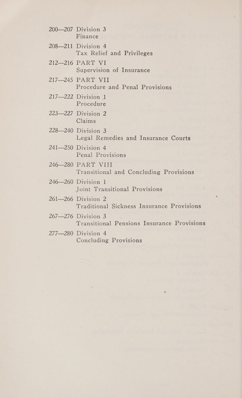 200—207 208—211 212—216 217—245 217—222 223—227 228—240 241—250 246—280 246—260 261—266 267—276 277—280 Diviston 3 Finance Division 4 Tax Relief and Privileges PART VJ Supervision of Insurance PA Rie WLI Procedure and Penal Provisions Division 1 Procedure Division 2 Claims Division 3 Legal Remedies and Insurance Courts Division 4 Penal Provisions PART Vili Transitional and Concluding Provisions Division 1 Joint Transitional Provisions Division 2 Traditional Sickness Insurance Provisions Division 3 Transitional Pensions Insurance Provisions Division 4 Concluding Provisions