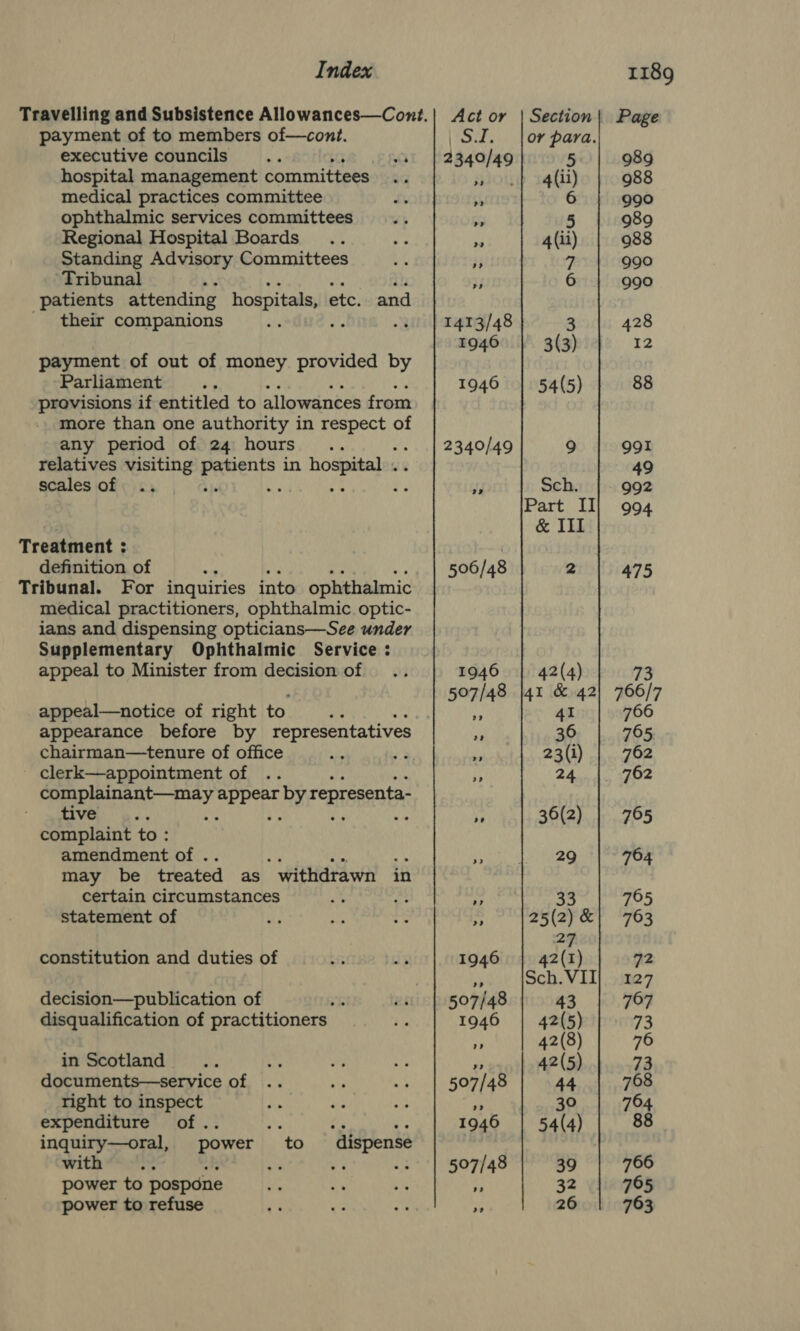 payment of to members of—cont. executive councils hospital management committees medical practices committee ophthalmic services committees Regional Hospital Boards Standing Advisory Committees Tribunal patients attending hospitals, etc. and - their companions i payment of out of money provided by Parliament provisions if entitled to allowances from more than one authority in ed ahh of any period of 24 hours relatives visiting patents in hospital « scales of ) fi : Treatment : definition of Tribunal. For inquiries into ophthalmic medical practitioners, ophthalmic optic- ians and dispensing opticians—See under Supplementary Ophthalmic Service : appeal to Minister from decision of appeal—notice of right to appearance before by representatives chairman—tenure of office ea _ clerk—appointment of cpm med BERSTE, by representa- tive zt 4 complaint to : amendment of . may be treated as withdrawn in certain circumstances statement of constitution and duties of decision—publication of ; disqualification of practitioners in Scotland | documents—service of right to inspect expenditure of.. +e Fe i inquiry—oral, tela to dispense with i % he power to pospdne power to refuse Act or CAP 1946 1946 a7 506/48 1946 a? 1946 507/48 1946 &gt;? 507/48 1946 507/48 a? Section | Page or para. 5 989 4(ii) | 988 6 990 ‘5 989 4(li) | 988 7 990 6 990 3 428 3(3) 12 54(5) 88 9 991 49 Sch, 992 Part II} 994 &amp; Ill 2 475 42(4) 73 507/48 |41 &amp; 42 70017 41 766 36 765 23(i) | 762 24.4. 4ZO2 36(2) | 765 29 764 33 795 25(2) &amp;| 763 27 42(1) 72 Sch.VI]I| 127 43 797 42(5) 73 42(8) 76 42(5) 73 44 768 30 764 54(4) 88 39 766 32 795 26 763 &gt;?