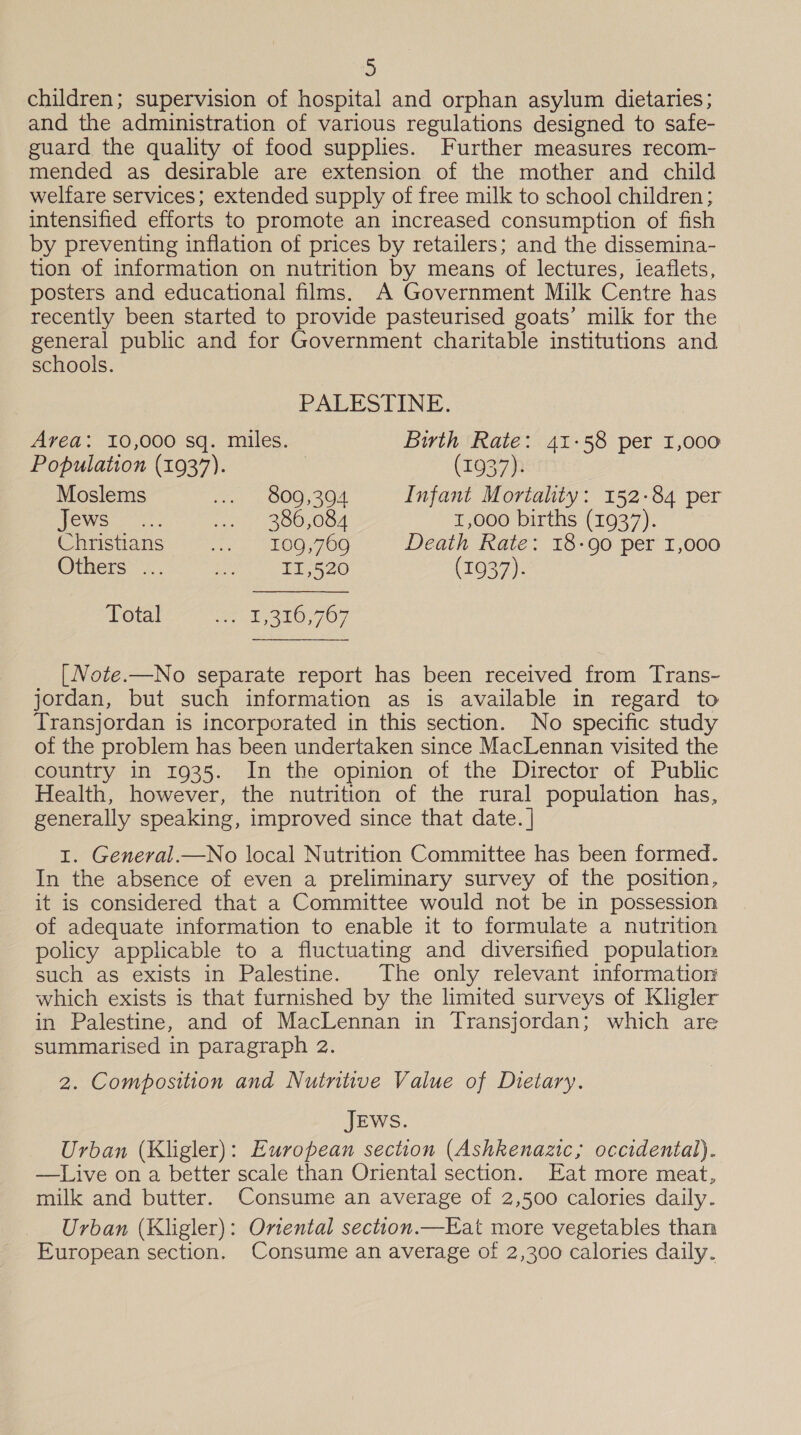 children; supervision of hospital and orphan asylum dietaries; and the administration of various regulations designed to safe- guard the quality of food supplies. Further measures recom- mended as desirable are extension of the mother and child welfare services; extended supply of free milk to school children; intensified efforts to promote an increased consumption of fish by preventing inflation of prices by retailers; and the dissemina- tion of information on nutrition by means of lectures, leaflets, posters and educational films. A Government Milk Centre has recently been started to provide pasteurised goats’ milk for the general public and for Government charitable institutions and schools. | PALESTINE. Area: 10,000 sq. miles. Birth Rate: 41-58 per 1,000 Population (1937). ; (1937h Moslems oe OOO) 307 Infant Mortality: 152-84 per Tews AOOKOOA 1,000 births (1937). Christians Oe ar OOOO Death Rate: 18-90 per 1,000 Others ... Bes II,520 (71937): Total wr 3,707 [Note.—No separate report has been received from Trans- jordan, but such information as is available in regard to Transjordan is incorporated in this section. No specific study of the problem has been undertaken since MacLennan visited the country in 1935. In the opinion of the Director of Public Health, however, the nutrition of the rural population has, generally speaking, improved since that date. | I. General.—No local Nutrition Committee has been formed. In the absence of even a preliminary survey of the position, it is considered that a Committee would not be in possession of adequate information to enable it to formulate a nutrition policy applicable to a fluctuating and diversified population such as exists in Palestine. The only relevant information which exists is that furnished by the limited surveys of Kligler in Palestine, and of MacLennan in Transjordan; which are summarised in paragraph 2. 2. Composition and Nutntive Value of Dietary. JEWS. Urban (Kligler): European section (Ashkenazic,; occidental). —TLive on a better scale than Oriental section. Eat more meat, milk and butter. Consume an average of 2,500 calories daily. Urban (Kligler): Onental section.—Eat more vegetables than European section. Consume an average of 2,300 calories daily.