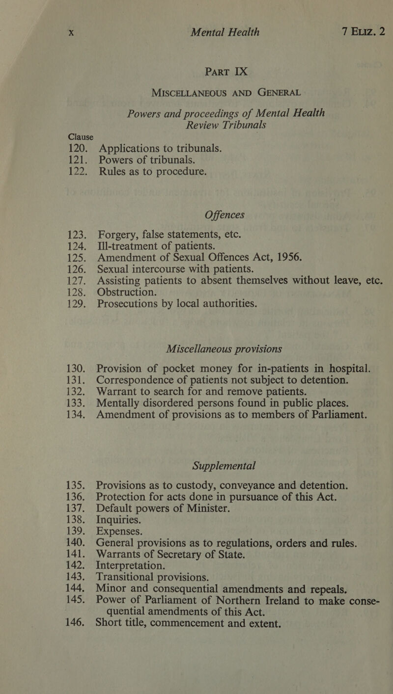 ParT IX MISCELLANEOUS AND GENERAL Powers and proceedings of Mental Health Review Tribunals Clause | 120. Applications to tribunals. 121. Powers of tribunals. 122. Rules as to procedure. Offences 123. Forgery, false statements, etc. 124. Ill-treatment of patients. 125. Amendment of Sexual Offences Act, 1956. 126. Sexual intercourse with patients. 127. Assisting patients to absent themselves without leave, etc. 128. Obstruction. 129. Prosecutions by local authorities. Miscellaneous provisions 130. Provision of pocket money for in-patients in hospital. 131. Correspondence of patients not subject to detention. 132. Warrant to search for and remove patients. 133. Mentally disordered persons found in public places. 134. Amendment of provisions as to members of Parliament. Supplemental 135. Provisions as to custody, conveyance and detention. 136. Protection for acts done in pursuance of this Act. 137. Default powers of Minister. 138. Inquiries. 139. Expenses. | 140. General provisions as to regulations, orders and rules. 141. Warrants of Secretary of State. 142. Interpretation. 143. ‘Transitional provisions. 144, Minor and consequential amendments and repeals. 145. Power of Parliament of Northern Ireland to make conse- quential amendments of this Act. 146. Short title, commencement and extent.