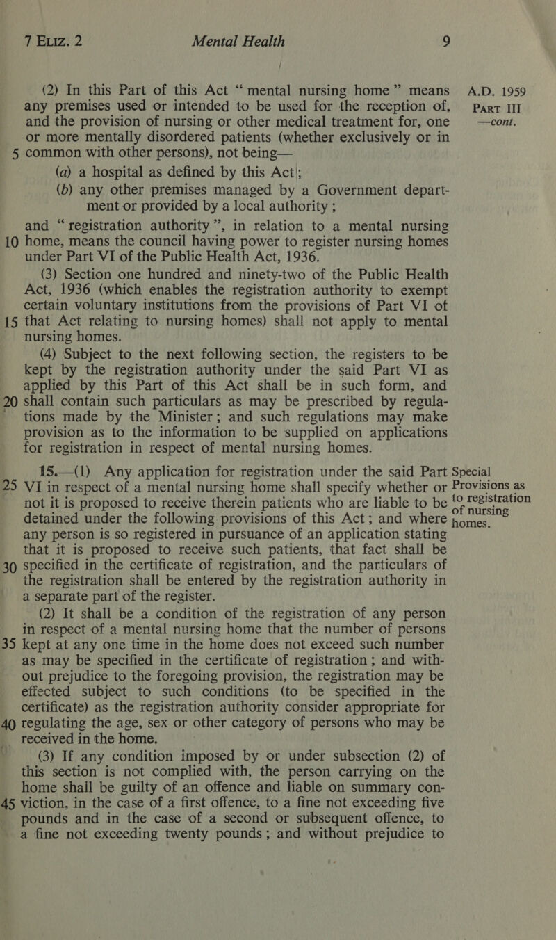 (2) In this Part of this Act “mental nursing home” means A.D. 1959 any premises used or intended to be used for the reception of, Parr III and the provision of nursing or other medical treatment for, one —cont. or more mentally disordered patients (whether exclusively or in 5 common with other persons), not being— (a) a hospital as defined by this Act'; (b) any other premises managed by a Government depart- ment or provided by a local authority ; and “registration authority’, in relation to a mental nursing 10 home, means the council having power to register nursing homes under Part VI of the Public Health Act, 1936. (3) Section one hundred and ninety-two of the Public Health Act, 1936 (which enables the registration authority to exempt certain voluntary institutions from the provisions of Part VI of 15 that Act relating to nursing homes) shall not apply to mental nursing homes. (4) Subject to the next following section, the registers to be kept by the registration authority under the said Part VI as applied by this Part of this Act shall be in such form, and 20 shall contain such particulars as may be prescribed by regula- ' tions made by the Minister; and such regulations may make provision as to the information to be supplied on applications for registration in respect of mental nursing homes. 15.—(1) Any application for registration under the said Part Special 25 VI in respect of a mental nursing home shall specify whether or Provisions as not it is proposed to receive therein patients who are liable to be ‘0. te8!stration ; ; aye : of nursing detained under the following provisions of this Act; and where pomes. any person is so registered in pursuance of an application stating that it is proposed to receive such patients, that fact shall be 30 specified in the certificate of registration, and the particulars of the registration shall be entered by the registration authority in a separate part of the register. (2) It shall be a condition of the registration of any person in respect of a mental nursing home that the number of persons 35 kept at any one time in the home does not exceed such number as may be specified in the certificate of registration ; and with- out prejudice to the foregoing provision, the registration may be effected subject to such conditions (to be specified in the certificate) as the registration authority consider appropriate for 40 tegulating the age, sex or other category of persons who may be _ received in the home. (3) If any condition imposed by or under subsection (2) of this section is not complied with, the person carrying on the home shall be guilty of an offence and liable on summary con- 45 viction, in the case of a first offence, to a fine not exceeding five pounds and in the case of a second or subsequent offence, to a fine not exceeding twenty pounds; and without prejudice to  t}