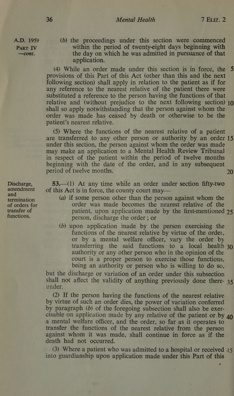 Part IV —cont. Discharge, amendment and termination of orders for transfer of functions. 36 Mental Health 7 Eviz. 2 within the period of twenty-eight days beginning with the day on which he was admitted in pursuance of that application. (4) While an order made under this section is in force, the 5 provisions of this Part of this Act (other than this and the next following section) shall apply in relation to the patient as if for any reference to the nearest relative of the patient there were substituted a reference to the person having the functions of that relative and (without prejudice to the next following section) 19 shall so apply notwithstanding that the person against whom the order was made has ceased by death or otherwise to be the patient’s nearest relative. (5) Where the functions of the nearest relative of a patient are transferred to any other person or authority by an order 15 under this section, the person against whom the order was made may make an application to a Mental Health Review Tribunal in respect of the patient within the period of twelve months beginning with the date of the order, and in any subsequent period of twelve months. 20 53.—(1) At any time while an order under section fifty-two  (a) if some person other than the person against whom the order was made becomes the nearest relative of the patient, upon application made by the first-mentioned 25 person, discharge the order ; or (b) upon application made by the person exercising the functions of the nearest relative by virtue of the order, or by a mental welfare officer, vary the order by transferring the said functions to a local health 39 authority or any other person who in the opinion of the court is a proper person to exercise those functions, being an authority or person who is willing to do so, but the discharge or variation of an order under this subsection any not affect the validity of anything previously done there- 35 under. (2) If the person having the functions of the nearest relative by virtue of such an order dies, the power of variation conferred by paragraph (b) of the foregoing subsection shall also be exer- cisable on application made by any relative of the patient or by 49 a mental welfare officer, and the order, so far as it operates to transfer the functions of the nearest relative from the person against whom it was made, shall continue in force as if the death had not occurred. _ (3) Where a patient who was admitted to a hospital or received 45 into guardianship upon application made under this Part of this :