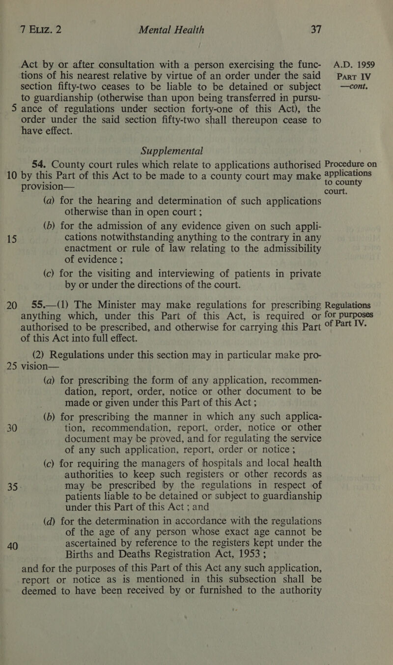 Act by or after consultation with a person exercising the func- A.D. 1959 tions of his nearest relative by virtue of an order under the said Parr 1V section fifty-two ceases to be liable to be detained or subject | —cont. to guardianship (otherwise than upon being transferred in pursu- 5 ance of regulations under section forty-one of this Act), the order under the said section fifty-two shall thereupon cease to have effect. Supplemental 54. County court rules which relate to applications authorised Procedure on 10 by this Part of this Act to be made to a county court may make #PPlications provision— to county court. (a) for the hearing and determination of such applications otherwise than in open court ; (b) for the admission of any evidence given on such appli- 15 cations notwithstanding anything to the contrary in any enactment or rule of law relating to the admissibility of evidence ; (c) for the visiting and interviewing of patients in private by or under the directions of the court.  20 55.—(1) The Minister may make regulations for prescribing Regulations anything which, under this Part of this Act, is required or for purposes authorised to be prescribed, and otherwise for carrying this Part of Part IV. of this Act into full effect. (2) Regulations under this section may in particular make pro- 25 vision— (a) for prescribing the form of any application, recommen- dation, report, order, notice or other document to be made or given under this Part of this Act ; (b) for prescribing the manner in which any such applica- 30 tion, recommendation, report, order, notice or other document may be proved, and for regulating the service of any such application, report, order or notice ; (c) for requiring the managers of hospitals and local health authorities to keep such registers or other records as 35. may be prescribed by the regulations in respect of patients liable to be detained or subject to guardianship under this Part of this Act ; and (d) for the determination in accordance with the regulations of the age of any person whose exact age cannot be 40 ascertained by reference to the registers kept under the Births and Deaths Registration Act, 1953; and for the purposes of this Part of this Act any such application, report or notice as is mentioned in this subsection shall be deemed to have been received by or furnished to the authority