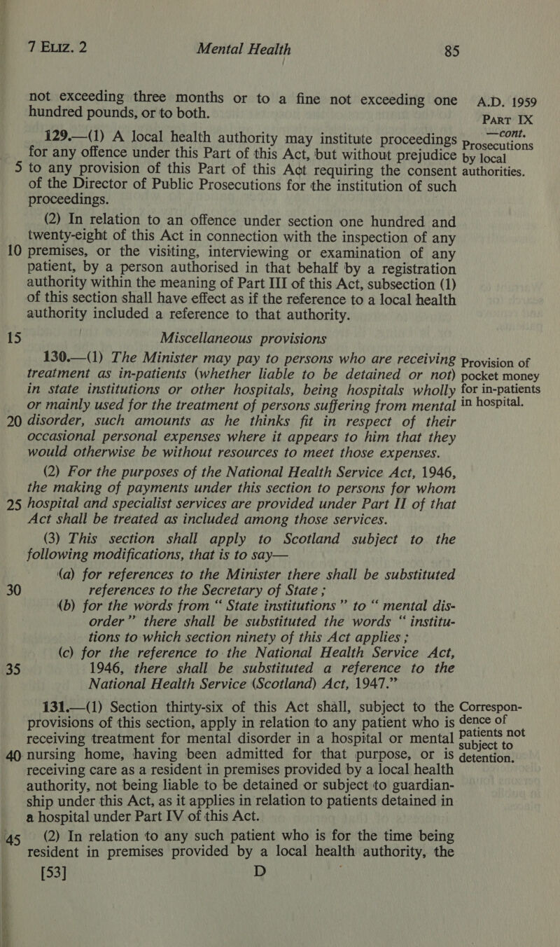 not exceeding three months or to a fine not exceeding one A.D. 1959  hundred pounds, or to both. Part IX 129.—(1) A local health authority may institute proceedings Ny il il for any offence under this Part of this Act, but without prejudice by jocal 5 to any provision of this Part of this Act requiring the consent authorities. of the Director of Public Prosecutions for the institution of such proceedings. , (2) In relation to an offence under section one hundred and twenty-eight of this Act in connection with the inspection of any 10 premises, or the visiting, interviewing or examination of any patient, by a person authorised in that behalf by a registration authority within the meaning of Part III of this Act, subsection (1) of this section shall have effect as if the reference to a local health authority included a reference to that authority. 15 | Miscellaneous provisions 130.—(1) The Minister may pay to persons who are receiving provision of treatment as in-patients (whether liable to be detained or not) pocket money in state institutions or other hospitals, being hospitals wholly for in-patients or mainly used for the treatment of persons suffering from mental *® hospital. 20 disorder, such amounts as he thinks fit in respect of their occasional personal expenses where it appears to him that they would otherwise be without resources to meet those expenses. (2) For the purposes of the National Health Service Act, 1946, the making of payments under this section to persons for whom 25 hospital and specialist services are provided under Part II of that Act shall be treated as included among those services. (3) This section shall apply to Scotland subject to the following modifications, that is to say— (a) for references to the Minister there shall be substituted 30 references to the Secretary of State ; (b) for the words from “ State institutions” to ‘“‘ mental dis- order” there shall be substituted the words “ institu- tions to which section ninety of this Act applies ; (c) for the reference to: the National Health Service Act, 35 1946, there shall be substituted a reference to the National Health Service (Scotland) Act, 1947.” 131.—(1) Section thinty-six of this Act shall, subject to the Correspon- provisions of this section, apply in relation to any patient who is dence of receiving treatment for mental disorder in a hospital or mental ARO IM 40 nursing home, having been admitted for that purpose, or is getention. receiving care as a resident in premises provided by a local health authority, not being liable to be detained or subject to guardian- ship under this Act, as it applies in relation to patients detained in a hospital under Part IV of this Act. 45 (2) In relation to any such patient who is for the time being resident in premises provided by a local health authority, the [53] D  Segura ee ote 7 — — =