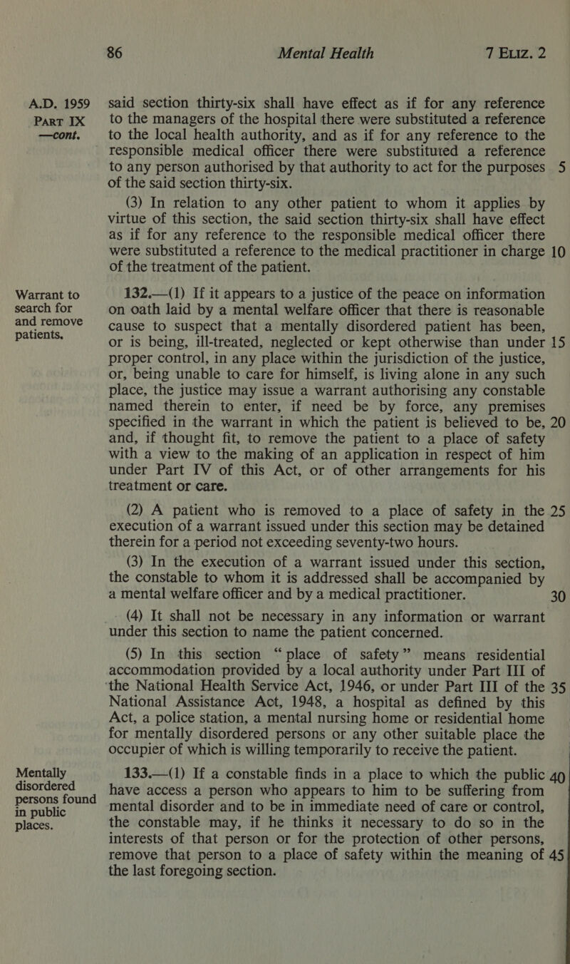 PART IX —cont. Warrant to search for and remove patients, Mentally disordered persons found in public places. 86 Mental Health 7 Eviz. 2 to the managers of the hospital there were substituted a reference to the local health authority, and as if for any reference to the responsible medical officer there were substituted a reference to any person authorised by that authority to act for the purposes 5 of the said section thirty-six. (3) In relation to any other patient to whom it applies. by virtue of this section, the said section thirty-six shall have effect as if for any reference to the responsible medical officer there were substituted a reference to the medical practitioner in charge 10 of the treatment of the patient. 132.—(1) If it appears to a justice of the peace on information on oath laid by a mental welfare officer that there is reasonable cause to suspect that a mentally disordered patient has been, or is being, ill-treated, neglected or kept otherwise than under 15 proper control, in any place within the jurisdiction of the justice, or, being unable to care for himself, is living alone in any such place, the justice may issue a warrant authorising any constable named therein to enter, if need be by force, any premises specified in the warrant in which the patient is believed to be, 20 and, if thought fit, to remove the patient to a place of safety with a view to the making of an application in respect of him under Part IV of this Act, or of other arrangements for his treatment or care.  (2) A patient who is removed to a place of safety in the 25 execution of a warrant issued under this section may be detained therein for a period not exceeding seventy-two hours. (3) In the execution of a warrant issued under this section, the constable to whom it is addressed shall be accompanied by a mental welfare officer and by a medical practitioner. 30 (4) It shall not be necessary in any information or warrant (5) In this section “place of safety” means residential accommodation provided by a local authority under Part HI of National Assistance Act, 1948, a hospital as defined by this Act, a police station, a mental nursing home or residential home for mentally disordered persons or any other suitable place the occupier of which is willing temporarily to receive the patient. 133.—(1) If a constable finds in a place to which the public 49 have access a person who appears to him to be suffering from mental disorder and to be in immediate need of care or control, the constable may, if he thinks it necessary to do so in the interests of that person or for the protection of other persons, _ remove that person to a place of safety within the meaning of 45 the last foregoing section. |   