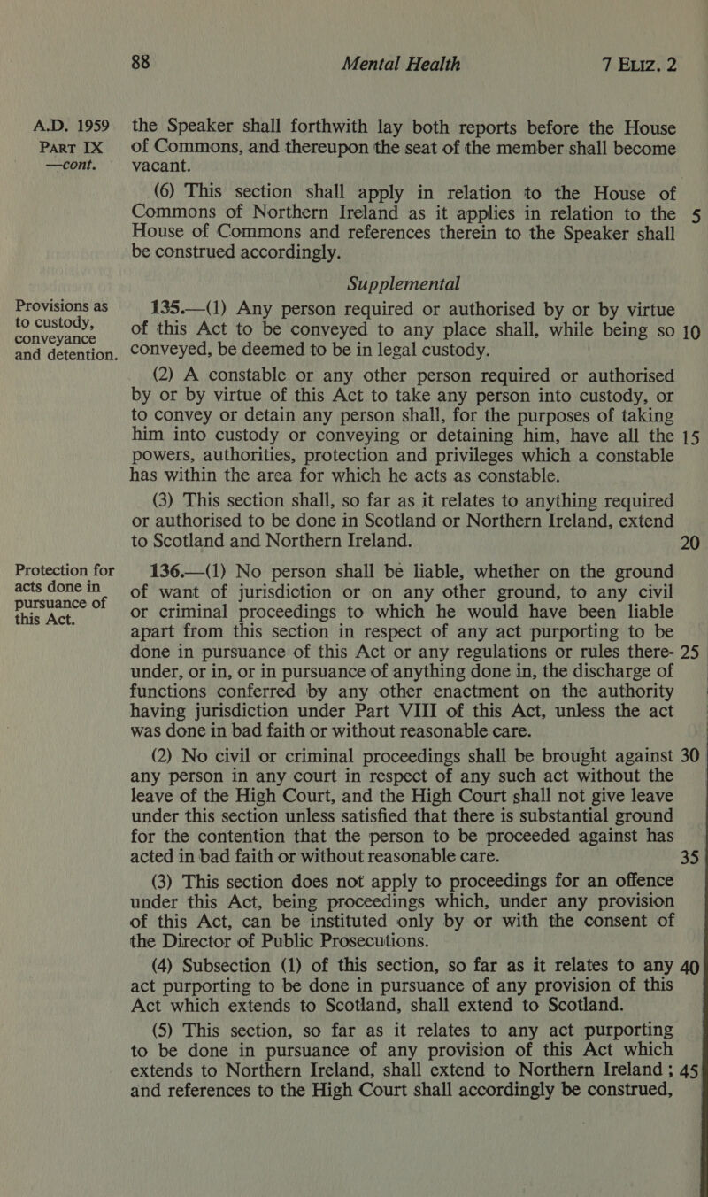 A.D. 1959 the Speaker shall forthwith lay both reports before the House Part IX of Commons, and thereupon the seat of the member shall become —cont. vacant. (6) This section shall apply in relation to the House of Commons of Northern Ireland as it applies in relation to the 5 House of Commons and references therein to the Speaker shall be construed accordingly. Supplemental Provisions as 135.—(1) Any person required or authorised by or by virtue piven of this Act to be conveyed to any place shall, while being so 19 and detention, COnveyed, be deemed to be in legal custody. (2) A constable or any other person required or authorised by or by virtue of this Act to take any person into custody, or to convey or detain any person shall, for the purposes of taking him into custody or conveying or detaining him, have all the 15 powers, authorities, protection and privileges which a constable has within the area for which he acts as constable. (3) This section shall, so far as it relates to anything required or authorised to be done in Scotland or Northern Ireland, extend to Scotland and Northern Ireland. 20 Protection for | 136.—(1) No person shall be liable, whether on the ground acts done HE of want of jurisdiction or on any other ground, to any civil this Act. ‘OF: Criminal proceedings to which he would have been liable apart from this section in respect of any act purporting to be done in pursuance of this Act or any regulations or rules there- 25 | under, or in, or in pursuance of anything done in, the discharge of functions conferred by any other enactment on the authority having jurisdiction under Part VIII of this Act, unless the act was done in bad faith or without reasonable care. (2) No civil or criminal proceedings shall be brought against 30. any person in any court in respect of any such act without the leave of the High Court, and the High Court shall not give leave under this section unless satisfied that there is substantial ground for the contention that the person to be proceeded against has acted in bad faith or without reasonable care. 35 (3) This section does not apply to proceedings for an offence under this Act, being proceedings which, under any provision of this Act, can be instituted only by or with the consent of the Director of Public Prosecutions. (4) Subsection (1) of this section, so far as it relates to any 40 act purporting to be done in pursuance of any provision of this | Act which extends to Scotland, shall extend to Scotland. (5) This section, so far as it relates to any act purporting to be done in pursuance of any proviston of this Act which extends to Northern Ireland, shall extend to Northern Ireland ; 45) and references to the High Court shall accordingly be construed, 