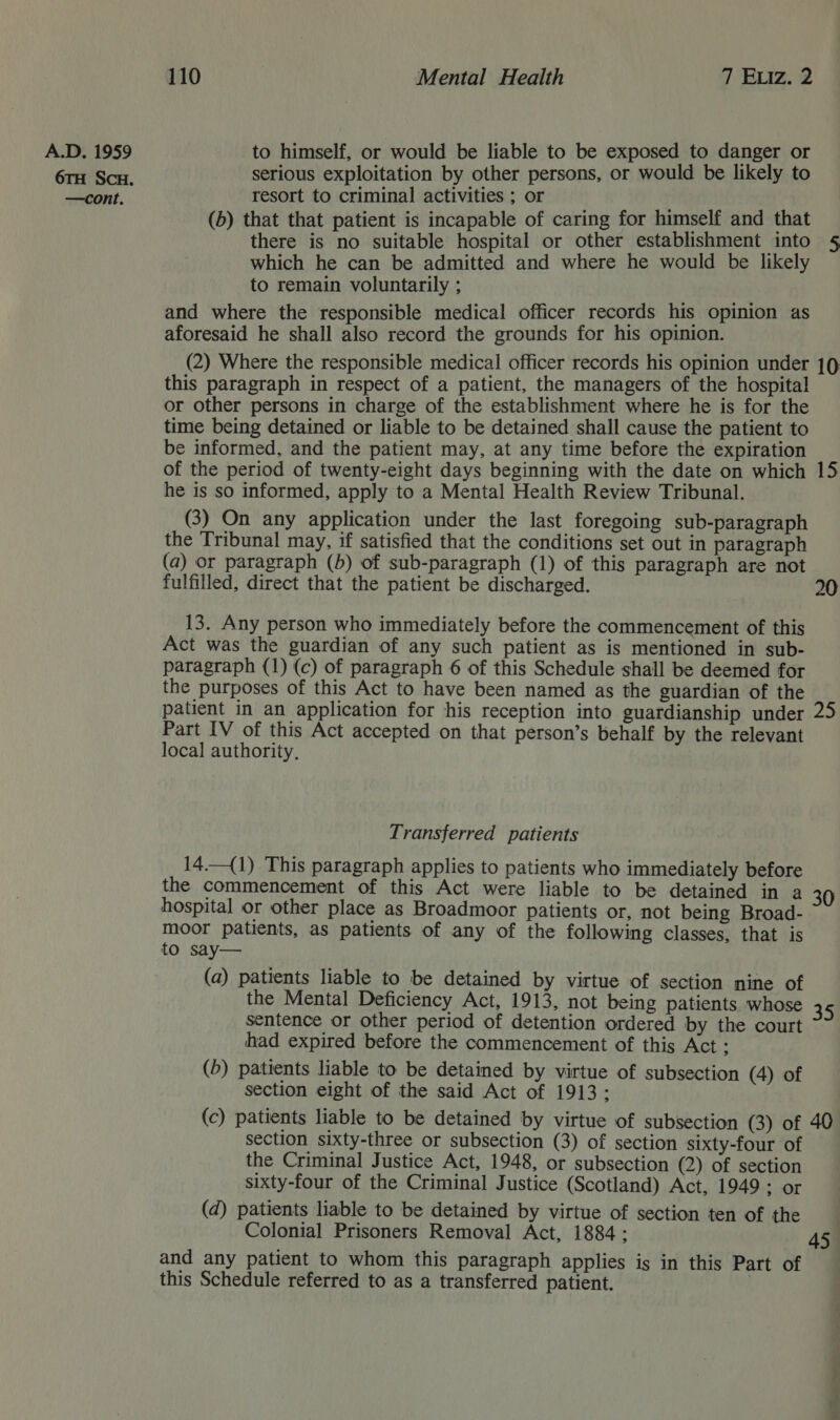 to himself, or would be liable to be exposed to danger or serious exploitation by other persons, or would be likely to (5) that that patient is incapable of caring for himself and that there is no suitable hospital or other establishment into § which he can be admitted and where he would be likely to remain voluntarily ; and where the responsible medical officer records his opinion as aforesaid he shall also record the grounds for his opinion. (2) Where the responsible medical officer records his opinion under 10 this paragraph in respect of a patient, the managers of the hospital or other persons in charge of the establishment where he is for the time being detained or liable to be detained shall cause the patient to be informed, and the patient may, at any time before the expiration of the period of twenty-eight days beginning with the date on which 15 he is so informed, apply to a Mental Health Review Tribunal. (3) On any application under the last foregoing sub-paragraph the Tribunal may, if satisfied that the conditions set out in paragraph (a) or paragraph (b) of sub-paragraph (1) of this paragraph are not fulfilled, direct that the patient be discharged. 20 13. Any person who immediately before the commencement of this Act was the guardian of any such patient as is mentioned in sub- paragraph (1) (c) of paragraph 6 of this Schedule shall be deemed for the purposes of this Act to have been named as the guardian of the patient in an application for his reception into guardianship under 25 Part IV of this Act accepted on that person’s behalf by the relevant local authority, Transferred patients 14.—{1) This paragraph applies to patients who immediately before the commencement of this Act were liable to be detained in a 30 hospital or other place as Broadmoor patients or, not being Broad- moor patients, as patients of any of the following classes, that is to say— (a) patients liable to be detained by virtue of section nine of the Mental Deficiency Act, 1913, not being patients whose 3 sentence or other period of detention ordered by the court had expired before the commencement of this Act : (b) patients liable to be detained by virtue of subsection (4) of section eight of the said Act of 1913: (c) patients liable to be detained by virtue of subsection (3) of 40 section sixty-three or subsection (3) of section sixty-four of the Criminal Justice Act, 1948, or subsection (2) of section sixty-four of the Criminal Justice (Scotland) Act, 1949: or (d) patients liable to be detained by virtue of section ten of the Colonial Prisoners Removal Act, 1884: 45. and any patient to whom this paragraph applies is in this Part of this Schedule referred to as a transferred patient. |