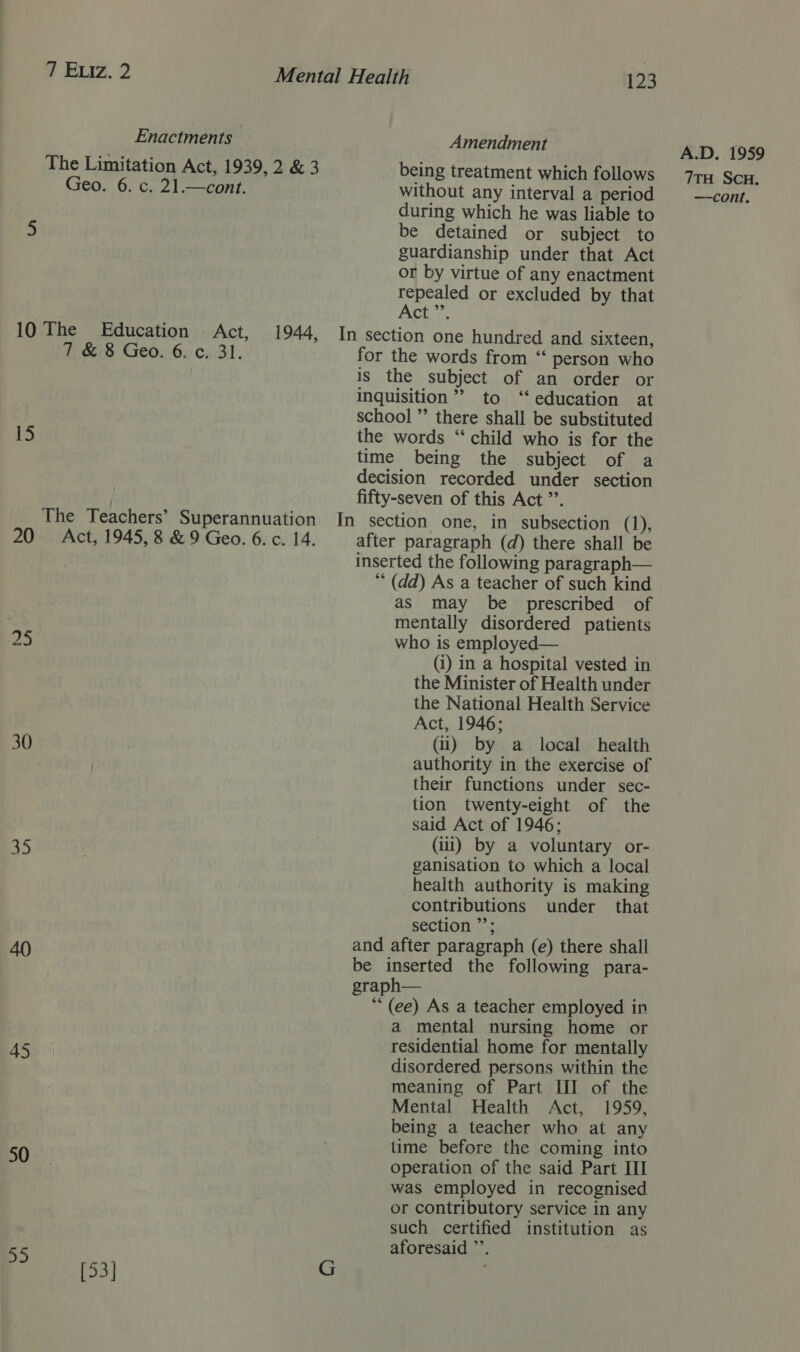 Enactments Amendment The Limitation Act, 1939, 2 &amp; 3 being treatment which follows Geo. 6. c. 21.—cont. without any interval a period during which he was liable to 5 be detained or subject to guardianship under that Act or by virtue of any enactment repealed or excluded by that Act ”’. 10 The Education Act, 1944, In section one hundred and sixteen, 088 Geo.).6, c. 31. for the words from “ person who is the subject of an order or inquisition ’’ to ‘education at school ”’ there shall be substituted 15 the words “child who is for the time being the subject of a decision recorded under section | fifty-seven of this Act ”’. The Teachers’ Superannuation In section one, in subsection Ch 20 Act, 1945, 8 &amp; 9 Geo. 6. c. 14. after paragraph (d) there shall be inserted the following paragraph— ‘* (dd) As a teacher of such kind as may be prescribed of mentally disordered patients aS who is employed— (i) in a hospital vested in the Minister of Health under the National Health Service Act, 1946; 30 (ii) by a local health authority in the exercise of their functions under sec- tion twenty-eight of the said Act of 1946; 35 (iii) by a voluntary or- ¥ ganisation to which a local health authority is making contributions under that section ”’; AQ and after paragraph (e) there shall be inserted the following para- graph— ** (ee) As a teacher employed in a mental nursing home or A5 residential home for mentally disordered persons within the meaning of Part III of the Mental Health Act, 1959, . being a teacher who at any | time before the coming into 50 operation of the said Part III was employed in recognised or contributory service in any such certified institution as aforesaid ”’. 55 G : [53] A.D. 1959 7TH SCH.