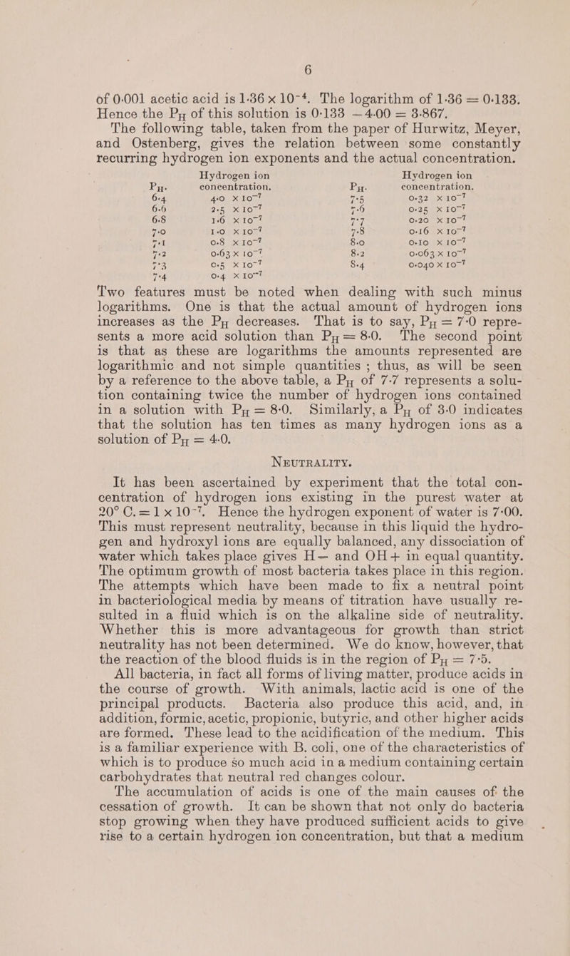 of 0-001 acetic acid is 1.36x 10-4. The logarithm of 1-36 = 0-133. Hence the Py of this solution is 0-183 —4.00 = 3.867, The following table, taken from the paper of Hurwitz, Meyer, and Ostenberg, gives the relation between some constantly recurring hydrogen ion exponents and the actual concentration. Hydrogen ion Hydrogen ion Py. concentration. Py. concentration. 6+4 AIC RILO mat 705 On32 1 Ong 6-6 2b On! 76 0:25 x 10a! 6.8 PO UX Ons vat 0-20 xI077 7:0 130 X107* 78 0-16 x1077 rel 0-8 x10? 8-0 0-10 x 1077 762 0-63 x 10°7 8.2 0-063 x 1077 get 0:5 “x Io? 8-4 0-040 xX 1077 Tod 0-4 x 1077 Two features must be noted when dealing with such minus logarithms. One is that the actual amount of hydrogen ions increases as the Py decreases. That is to say, Py = 7-0 repre- sents a more acid solution than Py= 8-0. The second point is that as these are logarithms the amounts represented are logarithmic and not simple quantities ; thus, as will be seen by a reference to the above table, a Py of 7-7 represents a solu- tion containing twice the number of hydrogen ions contained in a solution with Py=8-0. Similarly, a Py of 3-0 indicates that the solution has ten times as many hydrogen ions as a solution of Py = 4-0. NEUTRALITY. It has been ascertained by experiment that the total con- centration of hydrogen ions existing in the purest water at 20° C.=1x10-%. Hence the hydrogen exponent of water is 7:00. This must represent neutrality, because in this liquid the hydro- gen and hydroxyl ions are equally balanced, any dissociation of water which takes place gives H— and OH + in equal quantity. The optimum growth of most bacteria takes place in this region. The attempts which have been made to fix a neutral point in bacteriological media by means of titration have usually re- sulted in a fluid which is on the alkaline side of neutrality. Whether this is more advantageous for growth than strict neutrality has not been determined. We do know, however, that the reaction of the blood fluids is in the region of Py = 7°5. All bacteria, in fact all forms of living matter, produce acids in the course of growth. With animals, lactic acid is one of the principal products. Bacteria also produce this acid, and, in addition, formic, acetic, propionic, butyric, and other higher acids are formed. These lead to the acidification of the medium. This is a familiar experience with B. coli, one of the characteristics of which is to produce so much acid in a medium containing certain carbohydrates that neutral red changes colour. The accumulation of acids is one of the main causes of the cessation of growth. It can be shown that not only do bacteria stop growing when they have produced sufficient acids to give rise to a certain hydrogen ion concentration, but that a medium
