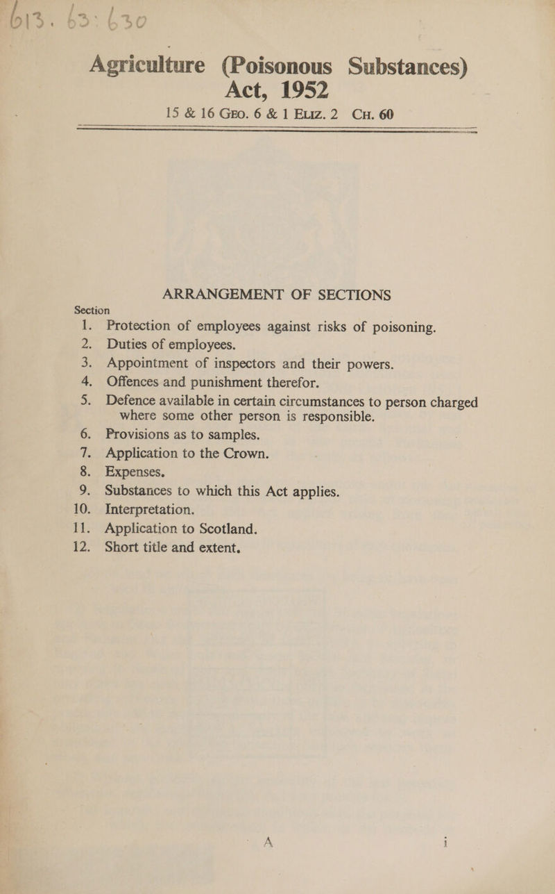   Act, 1952 15 &amp; 16 Gro. 6 &amp; 1 Exiz.2 Cu. 60 ARRANGEMENT OF SECTIONS Section 1. Protection of employees against risks of poisoning. 2. Duties of employees. 3. Appointment of inspectors and their powers. 4. Offences and punishment therefor. 5. Defence available in certain circumstances to person charged where some other person is responsible. 6. Provisions as to samples. 7. Application to the Crown. 8. Expenses. 9. Substances to which this Act applies. 10. Interpretation. 11. Application to Scotland.