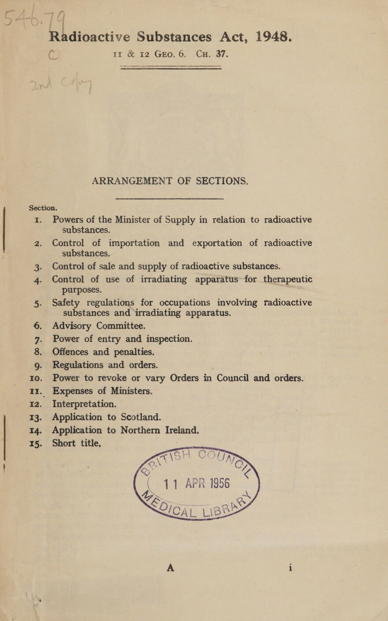 ecco ARRANGEMENT OF SECTIONS. Section. 1. Powers of the Minister of Supply in relation to radioactive substances. 2. Control of importation and exportation of radioactive substances. 3. Control of sale and supply of radioactive substances. 4. Control of use of irradiating apparatus for therapeutic purposes. 5. Safety regulations for occupations involving radioactive substances and ‘irradiating apparatus. 6. Advisory Committee. 7. Power of entry and inspection. 8. Offences and penalties. 9g. Regulations and orders. Io. Power to revoke or vary Orders in Council and orders. zr. Expenses of Ministers. 12. Interpretation. 13. Application to Scotland. 14. Application to Northern Ireland. 15. Short title, 