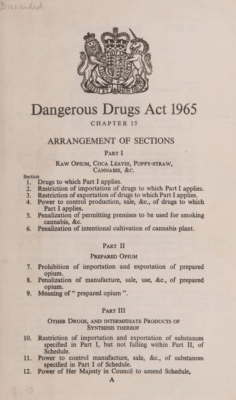  CHAPTER 15 ARRANGEMENT OF SECTIONS PART [ Raw Opium, COCA LEAVES, POPPY-STRAW, CANNABIS, &amp;C. Section i. Drugs to which Part I applies. 2. Restriction of importation of drugs to which Part I applies. 3. Restriction of exportation of drugs to which Part I applies. 4. Power to control production, sale, &amp;c., of drugs to which Part I applies. Penalization of permitting premises to be used for smoking cannabis, &amp;c. Penalization of intentional cultivation of cannabis plant. PART II PREPARED OPIUM Prohibition of importation and exportation of prepared opium. Penalization of manufacture, sale, use, &amp;c., of prepared opium. Meaning of “ prepared opium ”’. PaRT III OTHER DRUGS, AND INTERMEDIATE PRODUCTS OF 7 SYNTHESIS THEREOF Restriction of importation and exportation of substances specified in Part I, but not falling within Part II, of Schedule. | Power to control manufacture, sale, &amp;c., of substances specified in Part I of Schedule. Power of Her Majesty in Council to amend Schedule, A