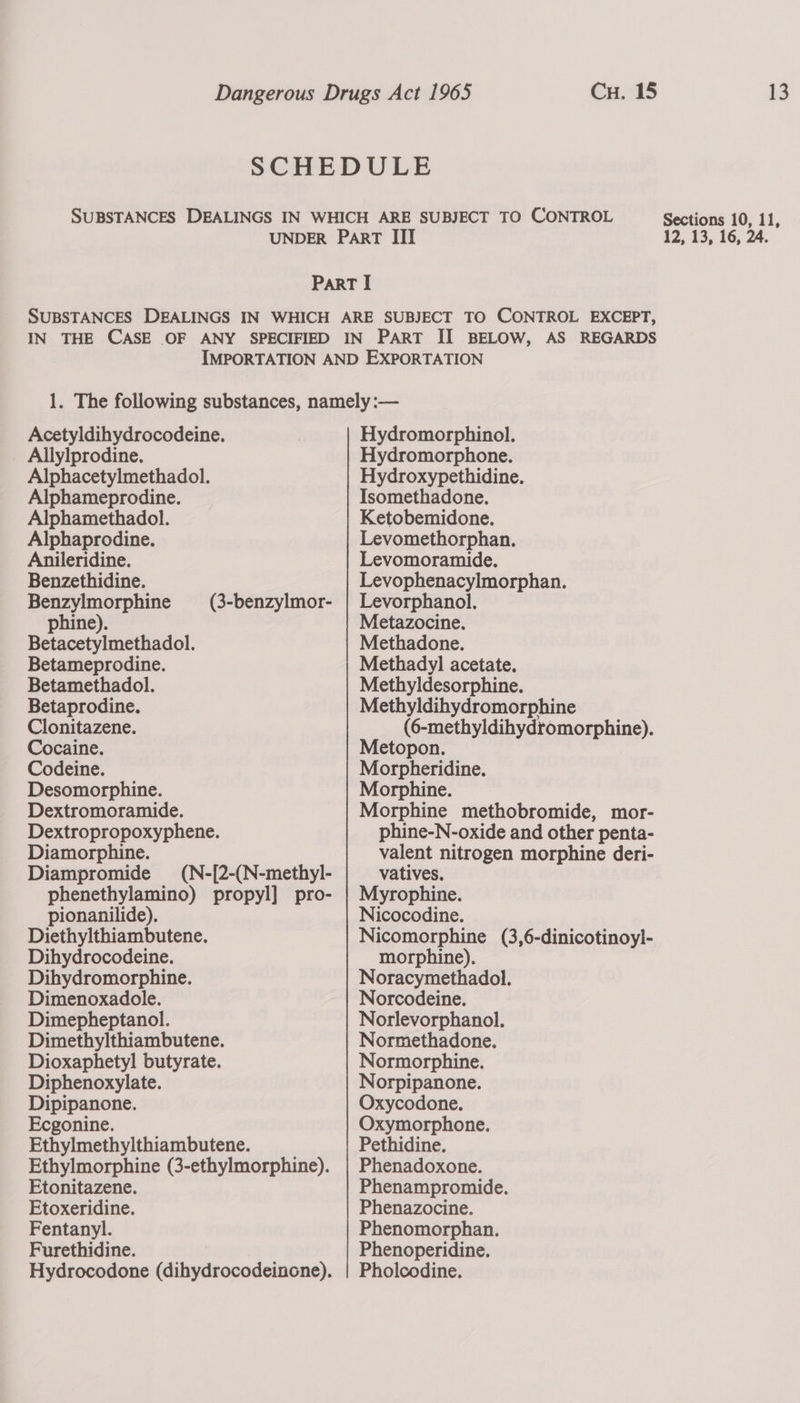Acetyldihydrocodeine. Allylprodine. Alphacetylmethadol. Alphameprodine. Alphamethadol. Alphaprodine. Anileridine. Benzethidine. Benzylmorphine (3-benzylmor- phine). Betacetylmethadol. Betameprodine. Betamethadol. Betaprodine. Clonitazene. Cocaine. Codeine. Desomorphine. Dextromoramide. Dextropropoxyphene. Diamorphine. Diampromide (N-{2-(N-methyl- phenethylamino) propyl] pro- pionanilide). Diethylthiambutene. Dihydrocodeine. Dihydromorphine. Dimenoxadole. Dimepheptanol. Dimethylthiambutene. Dioxaphetyl butyrate. Diphenoxylate. Dipipanone. Ecgonine. Ethylmethylthiambutene. Ethylmorphine (3-ethylmorphine). Etonitazene. Etoxeridine. Fentanyl. Furethidine. Hydrocodone (dihydrocodeinone). Hydromorphinol. Hydromorphone. Hydroxypethidine. Isomethadone. Ketobemidone. Levomethorphan. Levomoramide. Levophenacylmorphan. Levorphanol. Metazocine. Methadone. Methady]l acetate. Methyldesorphine. Methyldihydromorphine (6-methyldihydromorphine). Metopon. Morpheridine. Morphine. Morphine methobromide, mor- phine-N-oxide and other penta- valent nitrogen morphine deri- vatives. Myrophine. Nicocodine. Nicomorphine (3,6-dinicotinoyl- morphine). Noracymethadol. Norcodeine. Norlevorphanol. Normethadone. Normorphine. Norpipanone. Oxycodone. Oxymorphone. Pethidine. Phenadoxone. Phenampromide. Phenazocine. Phenomorphan. Phenoperidine. Pholcodine.