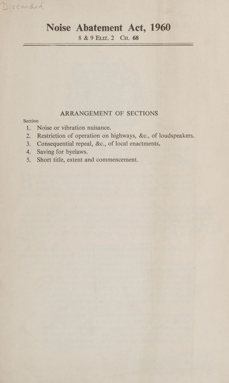 Noise Abatement Act, 1960 ARRANGEMENT OF SECTIONS ee ie Noise or vibration nuisance. Restriction of operation on highways, &amp;c., of loudspeakers. Consequential repeal, &amp;c., of local enactments. Saving for byelaws. Short title, extent and commencement.