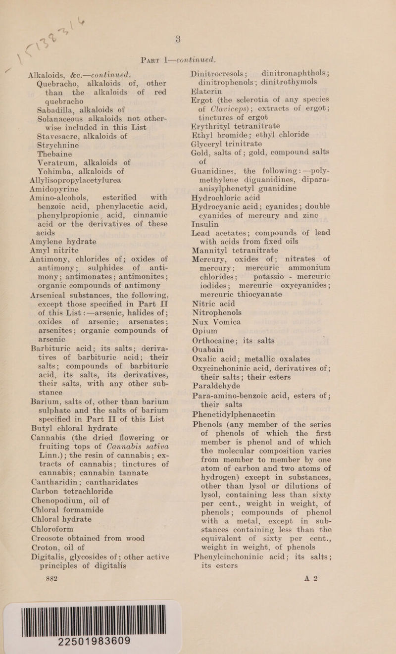 Alkaloids, &amp;c¢.—continued. Quebracho, alkaloids of, than the alkaloids of quebracho Sabadilla, alkaloids of Solanaceous alkaloids not other- wise included in this List Stavesacre, alkaloids of Strychnine Thebaine Veratrum, alkaloids of Yohimba, alkaloids of Allylisopropylacetylurea Amidopyrine Amino-alcohols, esterified with benzoic acid, phenylacetic acid, phenylpropionic, acid, cinnamic acid or the derivatives of these acids Amylene hydrate Amyl nitrite Antimony, chlorides of; oxides of antimony; sulphides of anti- mony; antimonates; antimonites ; organic compounds of antimony Arsenical substances, the following, except those specified in Part IT of this List :—arsenic, halides of ; oxides of arsenic; arsenates; arsenites; organic compounds of arsenic Barbituric acid; its salts; deriva- tives of barbituric acid; their salts; compounds of barbituric acid, its salts, its derivatives, their salts, with any other sub- stance Barium, salts of, other than barium sulphate and the salts of barium specified in Part IT of this List Butyl chloral hydrate Cannabis (the dried flowering or fruiting tops of Cannabis sativa Linn.); the resin of cannabis; ex- tracts of cannabis; tinctures of cannabis; cannabin tannate Cantharidin; cantharidates Carbon tetrachloride Chenopodium, oil of Chloral formamide Chloral hydrate Chloroform Creosote obtained from wood Croton, oil of Digitalis, glycosides of ; other active principles of digitalis 882 other red Dinitrocresols ; dinitronaphthols ; dinitrophenols; dinitrothymols Elaterin Ergot (the sclerotia of any species of OClaviceps); extracts of ergot; tinctures of ergot Erythrityl tetranitrate Ethyl bromide; ethyl chloride Glyceryl trinitrate Gold, salts of ; gold, compound salts of Guanidines, the following: —poly- methylene diguanidines, dipara- anisylphenetyl guanidine Hydrochloric acid Hydrocyanic acid; cyanides ; double cyanides of mercury and zinc Insulin Lead acetates; compounds of lead with acids from fixed oils Mannityl tetranitrate Mercury, oxides of; nitrates of mercury; mercuric ammonium chlorides ; potassio - mercuric iodides; mercuric oxycyanides ; mercuric thiocyanate Nitric acid Nitrophenols Nux Vomica Opium Orthocaine; its salts Ouabain Oxalic acid; metallic oxalates Oxycinchoninic acid, derivatives of ; their salts; their esters Paraldehyde ; Para-amino-benzoic acid, esters of ; their salts Phenetidylphenacetin Phenols (any member of the series of phenols of which the first member is phenol and of which the molecular composition varies from member to member by one atom of carbon and two atoms of hydrogen) except in substances, other than lysol or dilutions of lysol, containing less than sixty per cent., weight in weight, of phenols; compounds of phenol with a metal, except in sub- stances containing less than the equivalent of sixty per cent., weight in weight, of phenols Phenyleinchoninic acid; its salts; its esters A 2