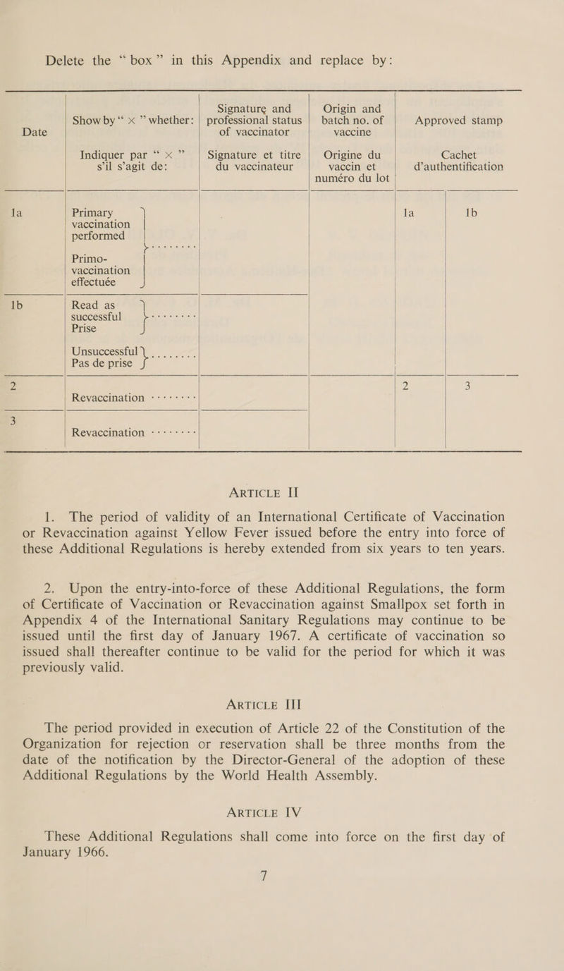  Signature and Origin and Show by “ x ” whether: | professional status | batch no. of Approved stamp Date of vaccinator vaccine Indiquer par “ x ” Signature et titre Origine du Cachet s'il s’agit de: du vaccinateur vaccin et d’authentification numéro du lot | la Primary a la 1b vaccination | | performed Primo- vaccination effectuée 1b Read as } Successitibe, aaa ss Prise Unsuccessful oe eee ere Pas de prise  eile: (8) (6.16) 4) (el 6 Revaccination Revaccination      ARTICLE II 1. The period of validity of an International Certificate of Vaccination or Revaccination against Yellow Fever issued before the entry into force of these Additional Regulations is hereby extended from six years to ten years. 2. Upon the entry-into-force of these Additional Regulations, the form of Certificate of Vaccination or Revaccination against Smallpox set forth in Appendix 4 of the International Sanitary Regulations may continue to be issued until the first day of January 1967. A certificate of vaccination so issued shall thereafter continue to be valid for the period for which it was previously valid. ARTICLE III The period provided in execution of Article 22 of the Constitution of the Organization for rejection or reservation shall be three months from the date of the notification by the Director-General of the adoption of these Additional Regulations by the World Health Assembly. ARTICLE IV These Additional Regulations shall come into force on the first day of January 1966.