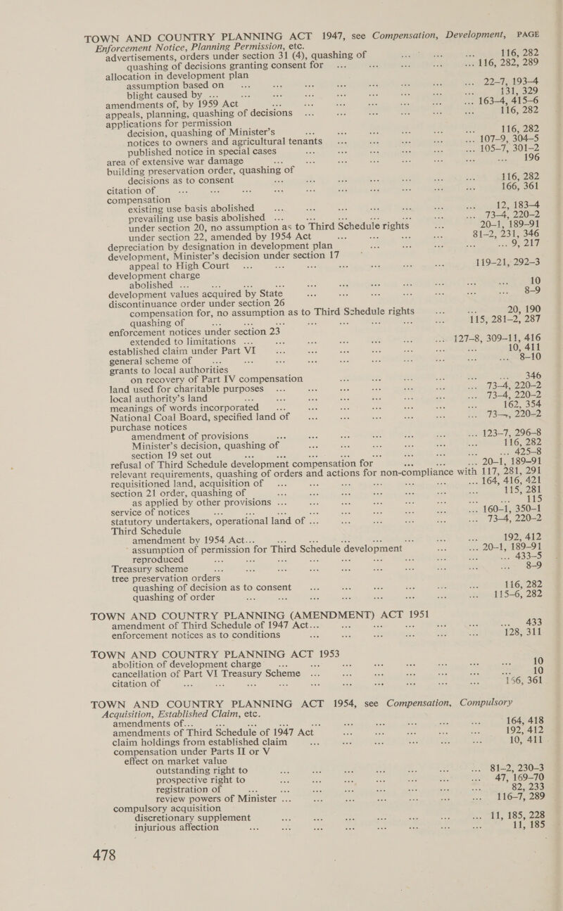 advertisements, orders under section 31 (4), quashing of quashing of decisions granting consent for allocation in development plan assumption based on blight caused by ... we amendments of, by 1959 Act. appeals, planning, quashing of decisions applications for permission decision, quashing of Minister’s notices to owners and agricultural tenants published notice in special cases area of extensive war damage building preservation order, quashing of decisions as to consent aes citation of re compensation existing use basis abolished prevailing use basis abolished ... under section 20, no assumption as to ‘Third Schedule rights under section 22, amended by 1954 Act sep SB depreciation by designation i in development plan development, Minister’s decision under section 17 appeal to High Court ae ae development charge abolished . development values acquired by State discontinuance order under section 26 compensation for, no assumption as to Third Schedule rights quashing of abe eh “ee a3 enforcement notices under section 23» extended to limitations ... He established claim under Part VI general scheme of : grants to local authorities on recovery of Part IV compensation land used for charitable purposes local authority’ s land 2 meanings of words incorporated 5 National Coal Board, specified land of purchase notices amendment of provisions Minister’s decision, quashing Ree section 19 set out ni refusal of Third Schedule development compensation for Development, PAGE : 116, 282 plG= 282, 209 22-7, 193-4 : 131, O20 . 163-4, 415-6 é 116, 282 de 116, 282 - 107-9, 304-5 “05-7, 30122 196 116, 282 166, 361 12, 183-4 | 5A, 002 20-1, 189-91 81-2, 231, 346 119-21, 292-3 10 8-9 20, 190 its) 281-2, 287 127-8, 309-11, 416 a 0, 411 8-10 waa! 346 734, 220-2 73—4, 220-2 162, 354 73—, 220-2 . 123-7, 296-8 ; 116, 282 , 45-8 5 2041, 489-91 requisitioned land, acquisition of section 21 order, quashing of ae as applied by other provisions ... service of notices statutory undertakers, ‘operational land of . Third Schedule amendment by 1954 Act.. ne assumption of eae for Third Schedule development reproduced Bd cae =e ee : Treasury scheme ae tree preservation orders quashing of decision as to consent quashing of order amendment of Third Schedule of 1947 Act.. enforcement notices as to conditions abolition of development charge’... cancellation of Part VI emer PBS citation of amendments of.. amendments of Third Schedule of 1947 Act | claim holdings from established claim compensation under Parts II or V effect on market value outstanding right to prospective right to registration of ae review powers of Minister ane compulsory acquisition discretionary supplement injurious affection . 164, 416, 421 115, 281 = MS 16021; 350-1 73-4, 220-2 192, 412 220-1, 189-91 . 433-5 8-9 116, 282 115-6, 282 3, 405 128, 311 10 10 15 56, 361 Compulsory 164, 418 192, 412 10, 411 81-2, 230-3 47, 169-70 82, 233 116-7, 289 11, 185, 228 1 >